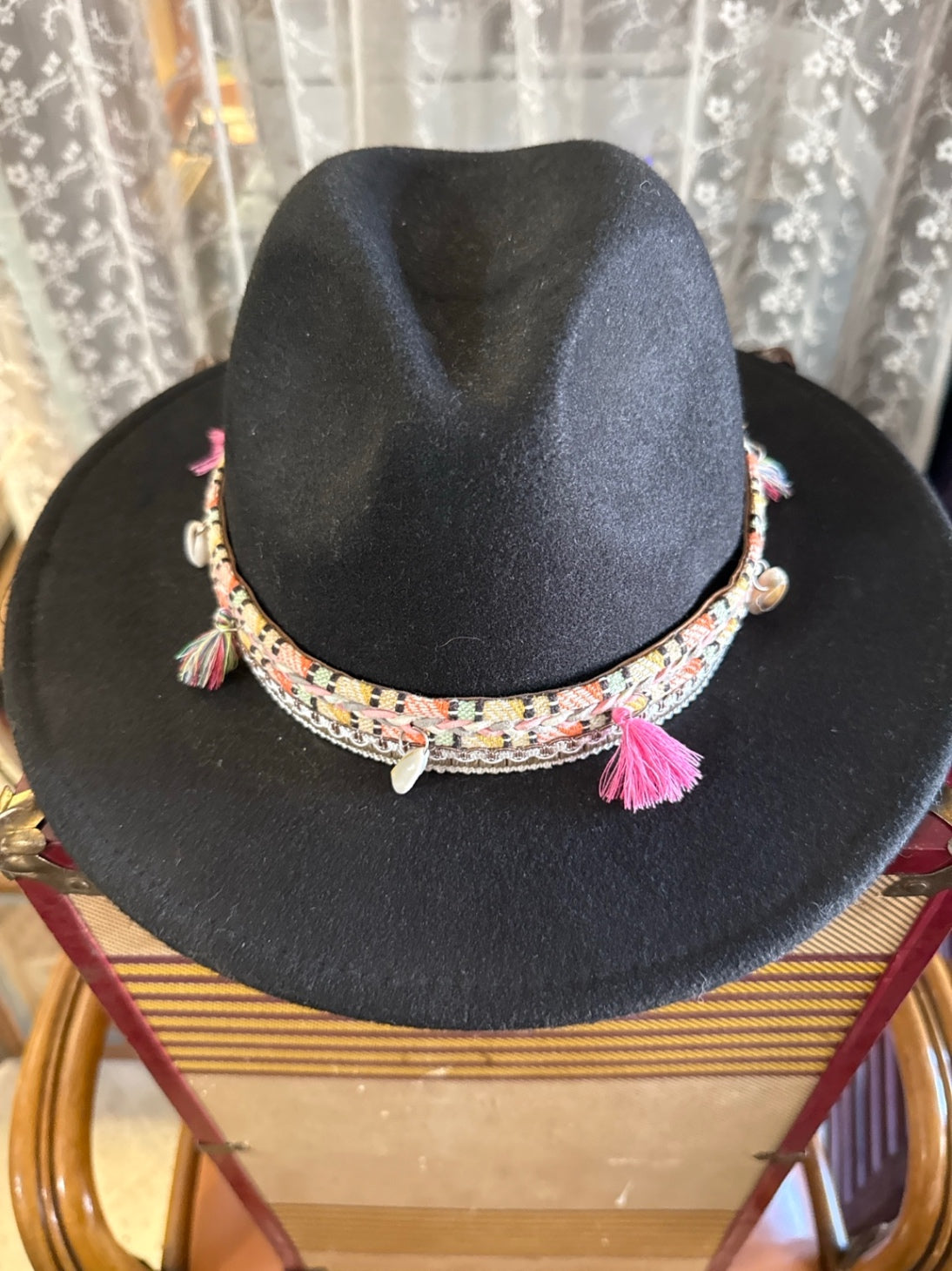 Black Boho Rancher Hat | Wide Brim Fedora with Colorful Tassel & Shell Band | Festival Chic