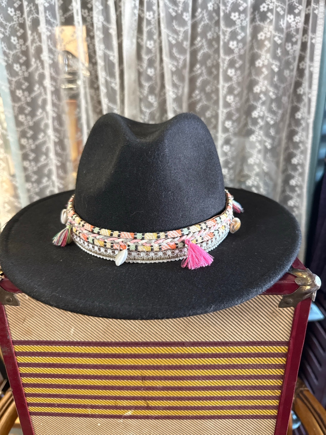 Black Boho Rancher Hat | Wide Brim Fedora with Colorful Tassel & Shell Band | Festival Chic