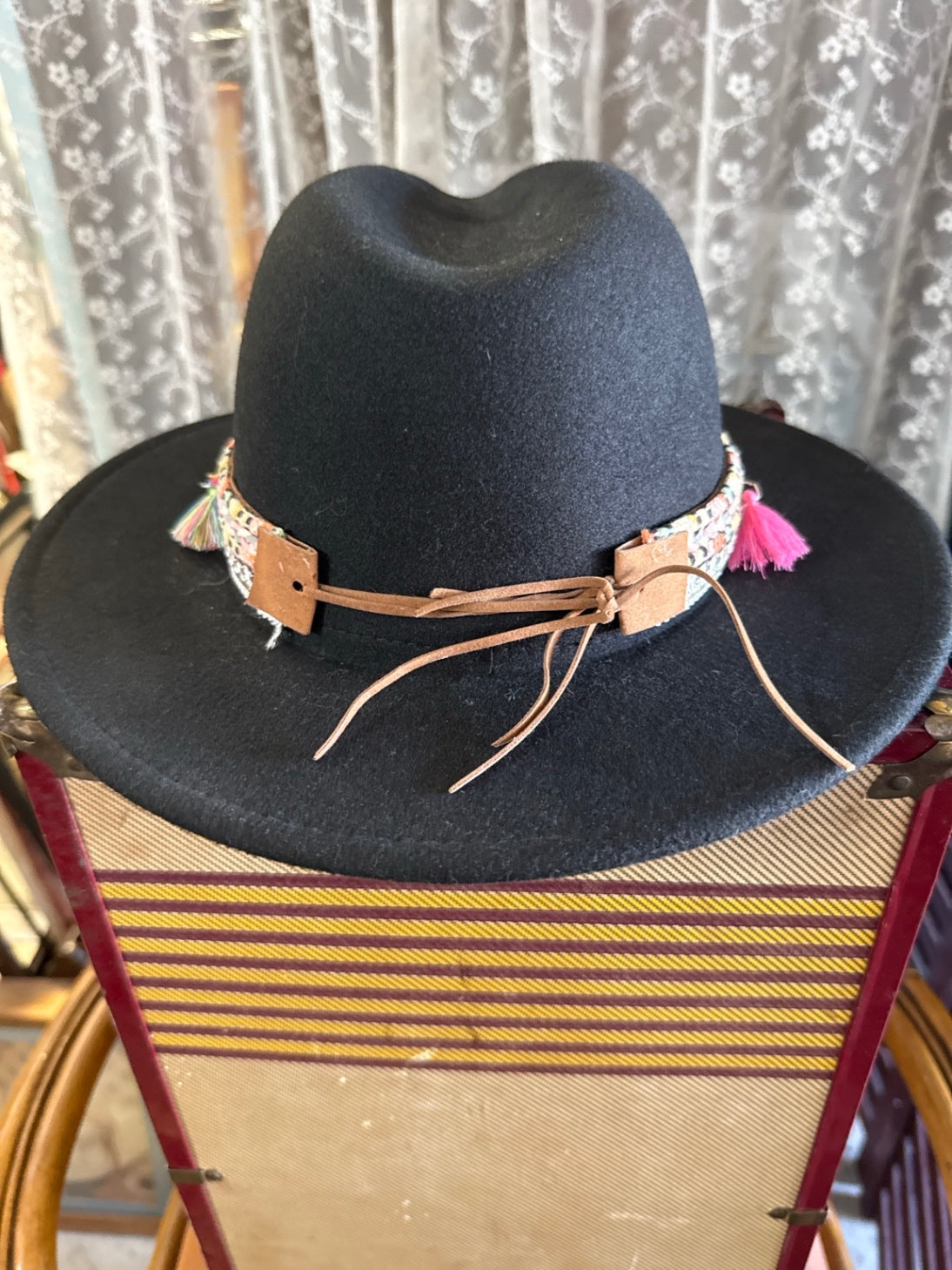 Black Boho Rancher Hat | Wide Brim Fedora with Colorful Tassel & Shell Band | Festival Chic