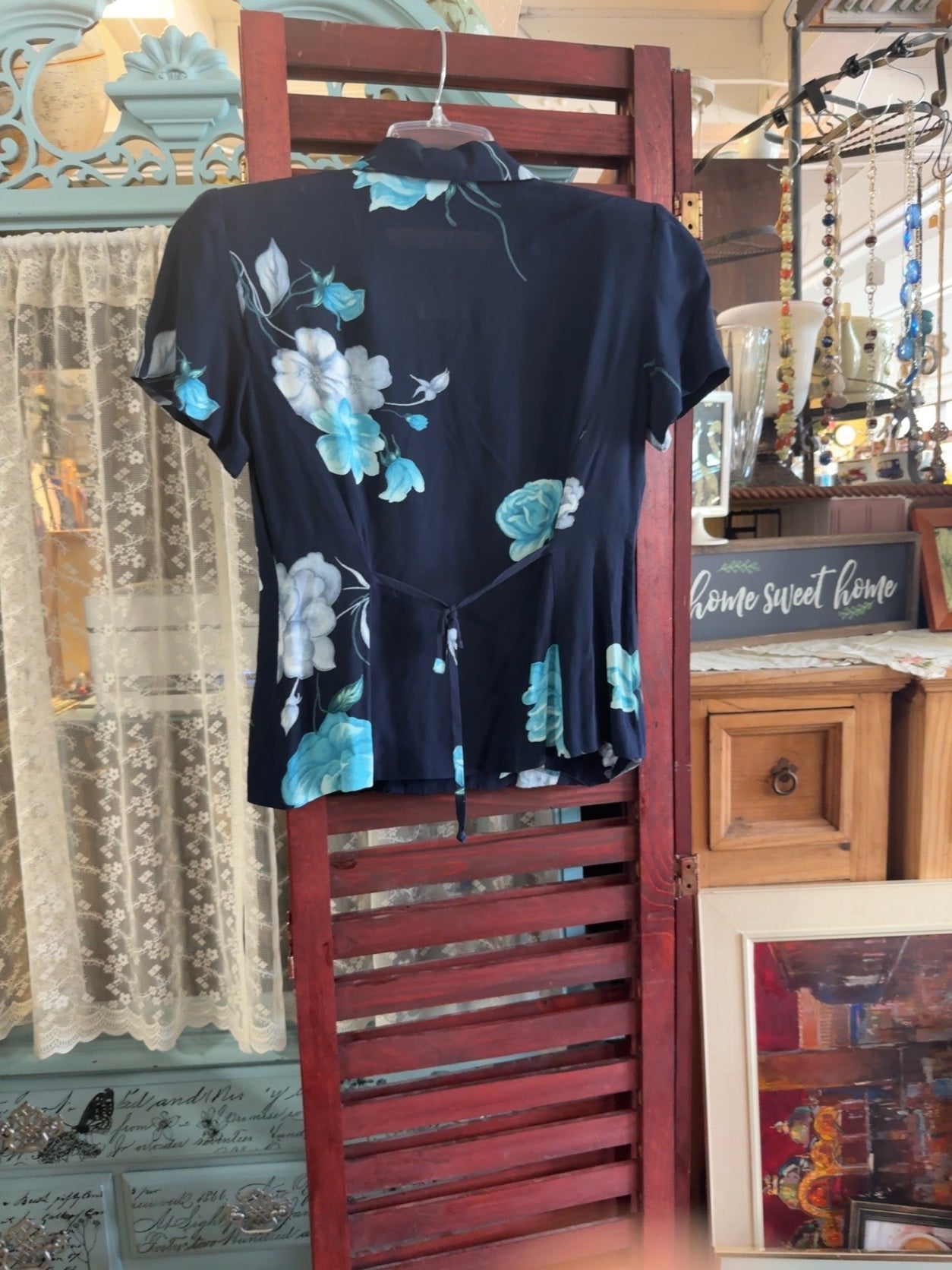 Liz Claiborne Navy Blue with Aqua and White Floral Polyester Dress Very Good
