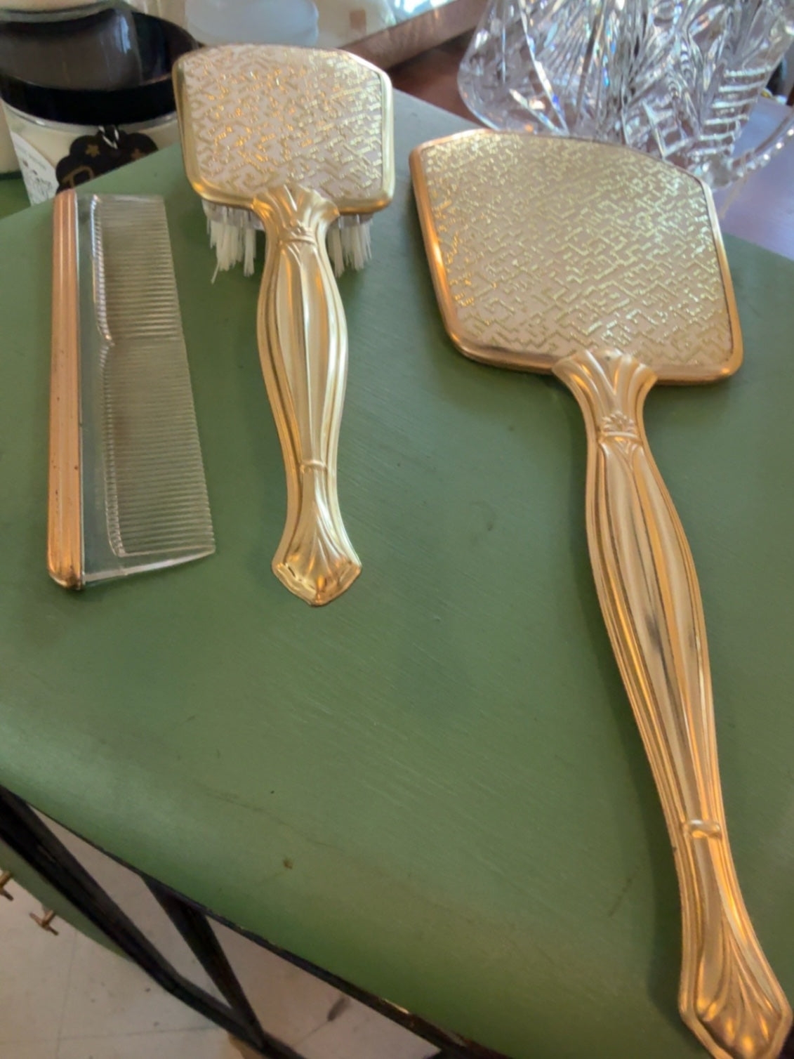 Vintage Gold Tone Vanity Set | Hand Mirror, Hair Brush & Comb | Hollywood Regency Style