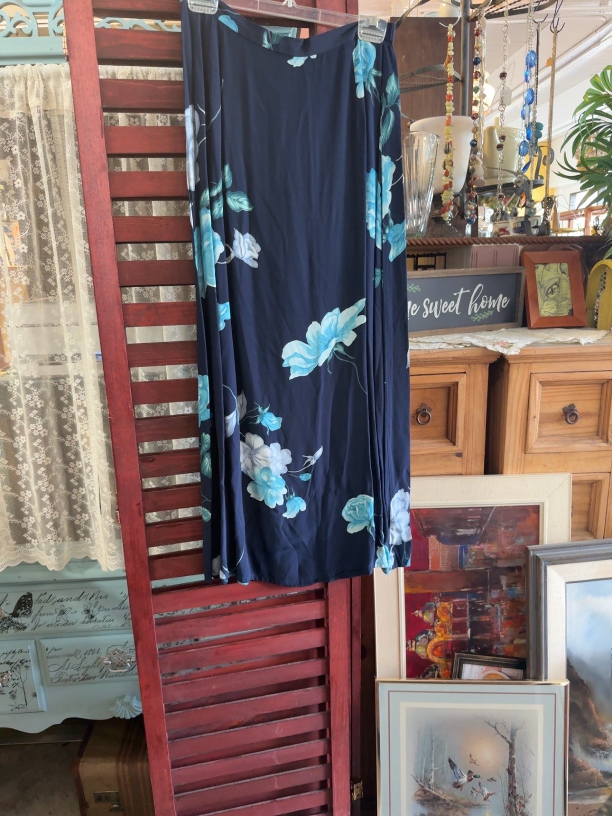 Liz Claiborne Navy Blue with Aqua and White Floral Polyester Dress Very Good
