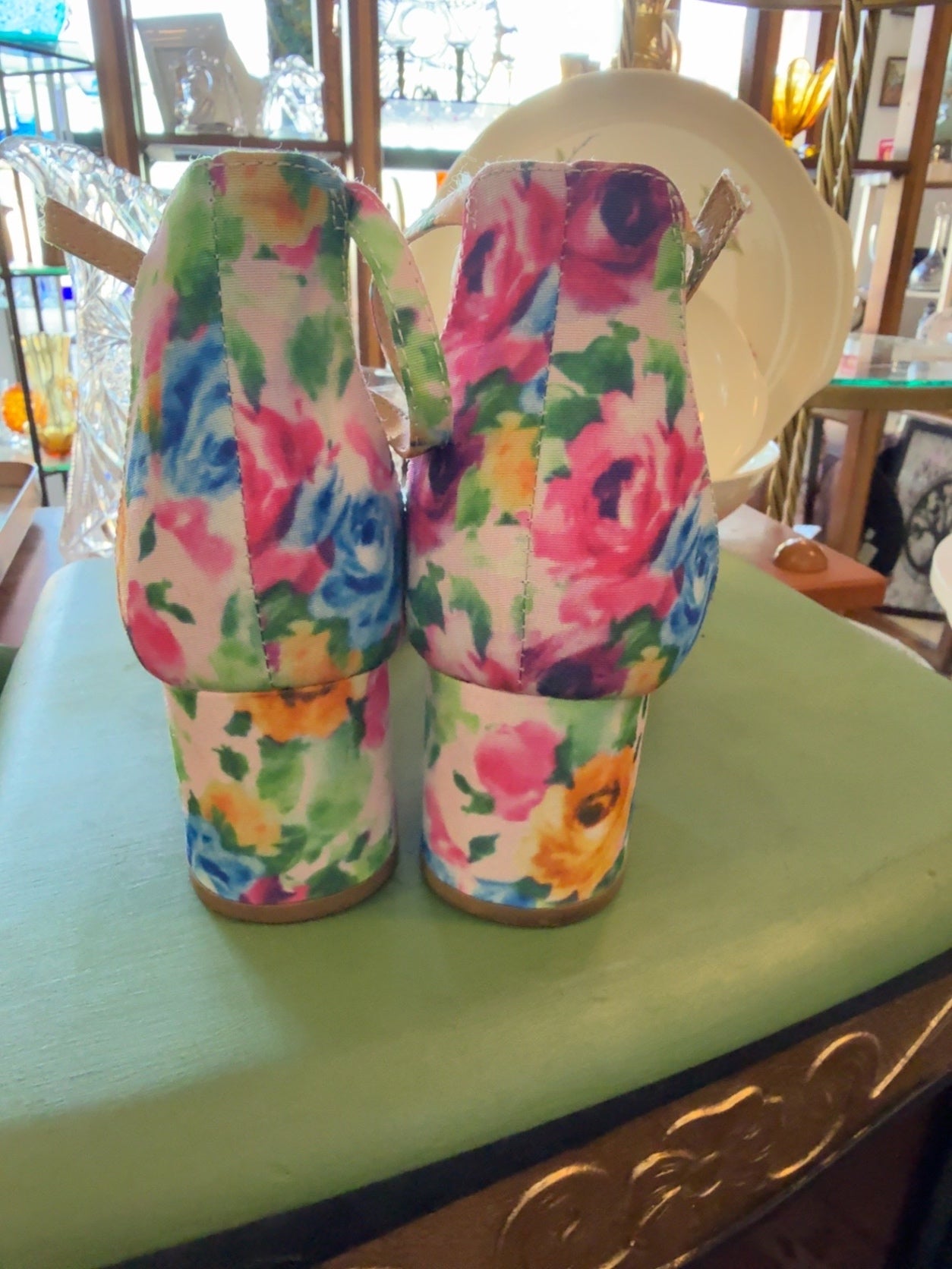 Splash Floral Block Heel Sandals | Watercolor Ankle Strap Heels | Women’s Size 8.5