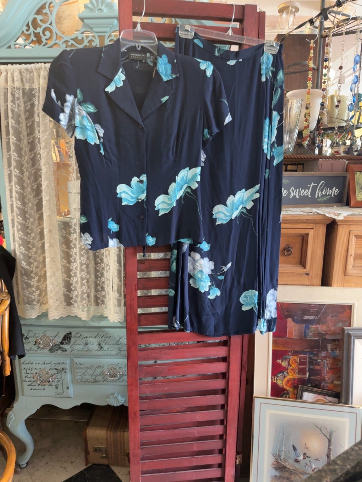 Liz Claiborne Navy Blue with Aqua and White Floral Polyester Dress Very Good