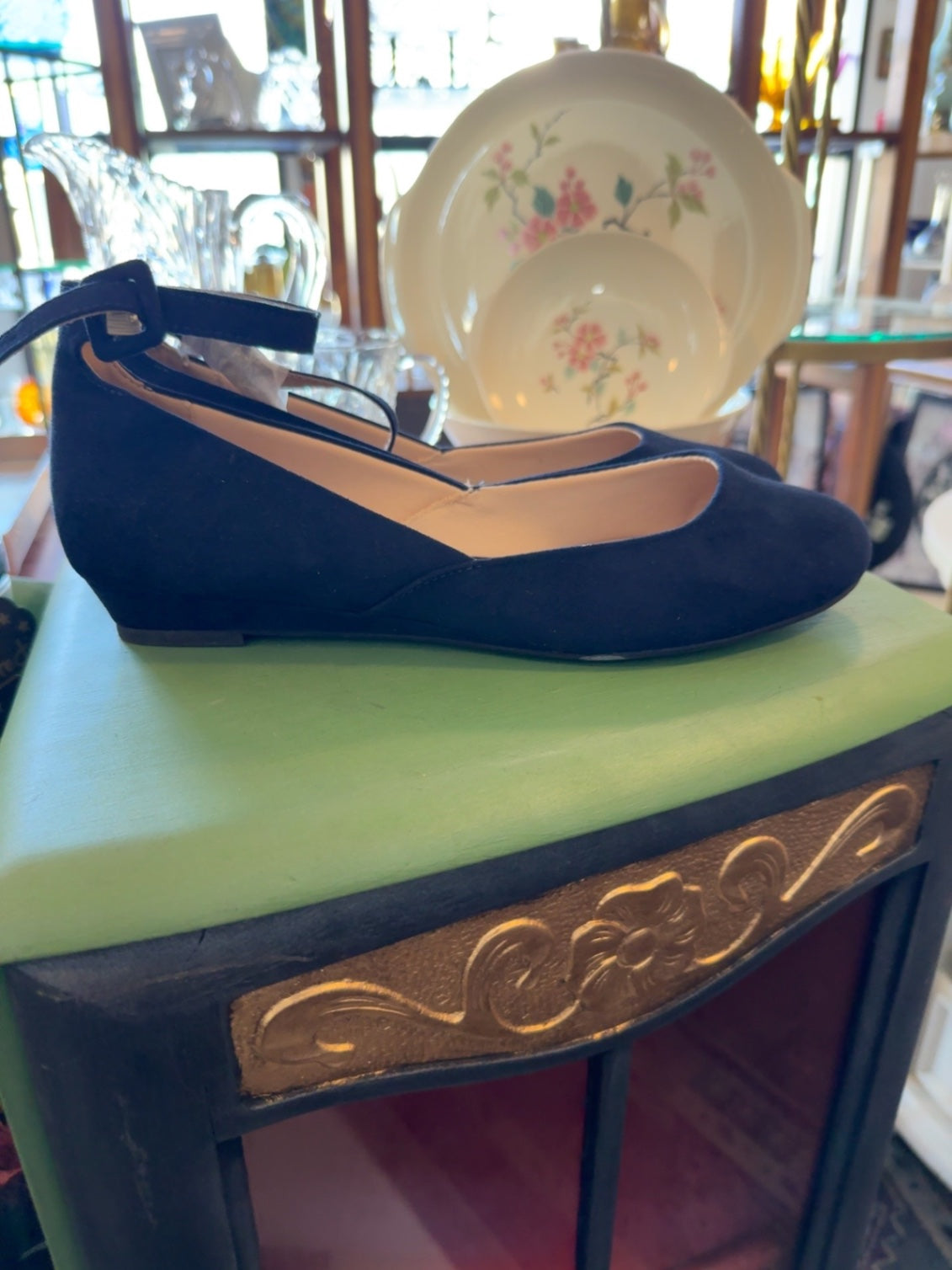 Pierre Dumas Black Microsuede Ankle Strap Wedge Flats | Women’s Size 10