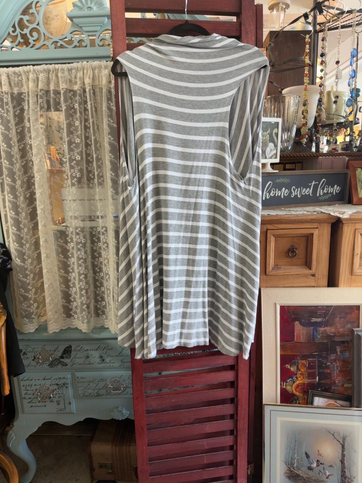 Women's Gray & White Striped Draped Open Front Cardigan Vest | Sleeveless Layering Piece