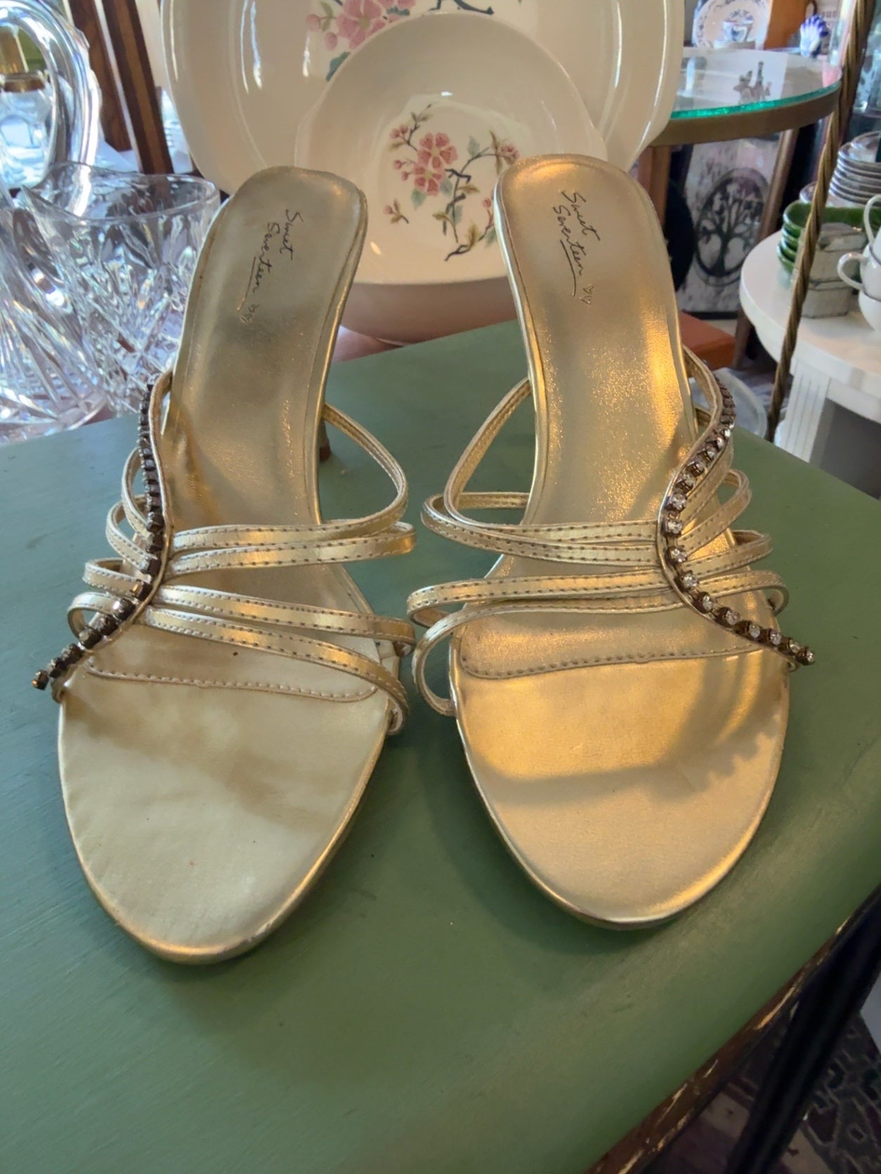 Sweet Santina Champagne Gold Rhinestone Slide Heels | Elegant Evening Sandals | Women’s Size 8