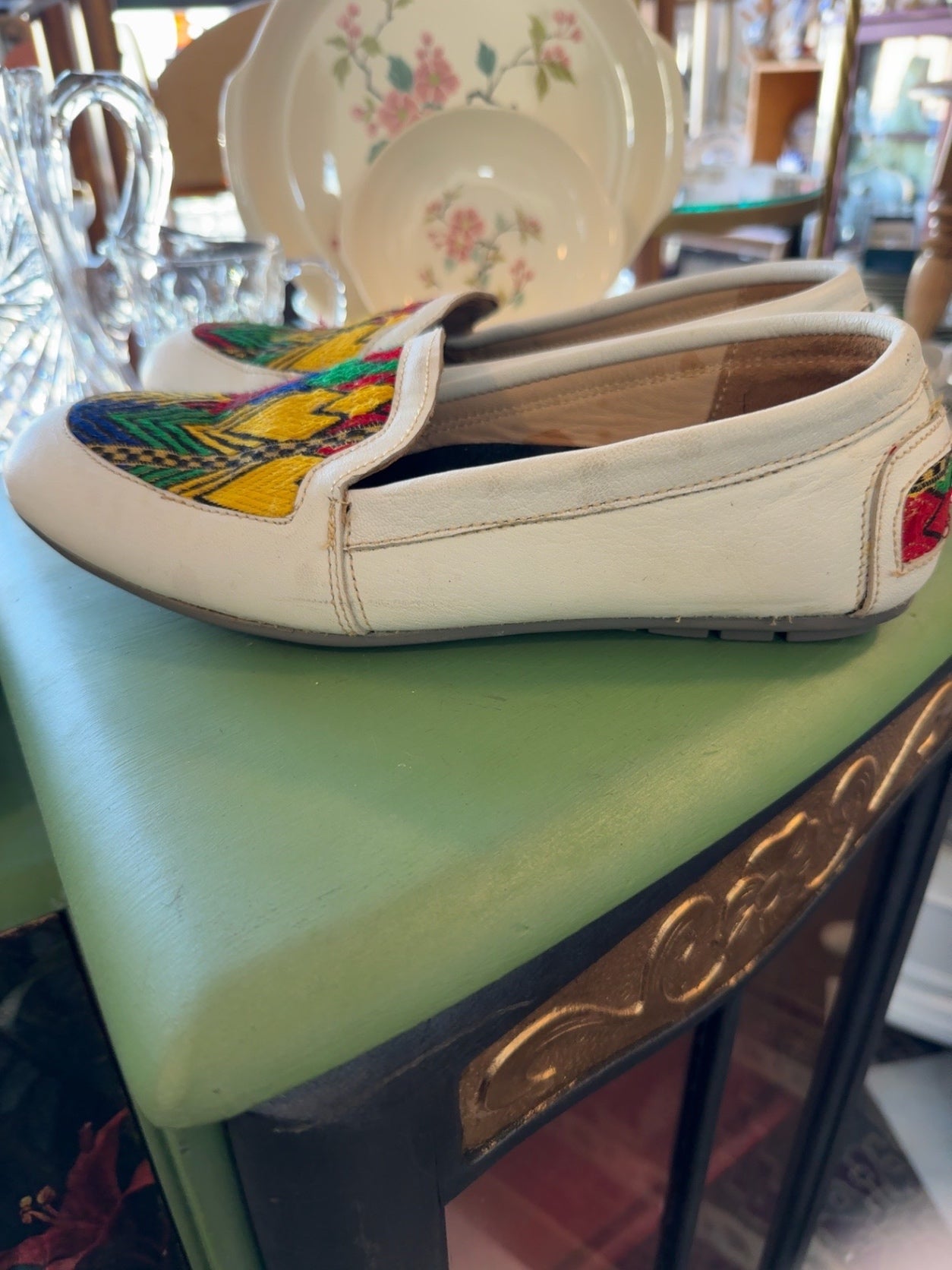 Handcrafted White Leather Loafers with Colorful Woven Textile | Women’s Artisan Slip-On Flats