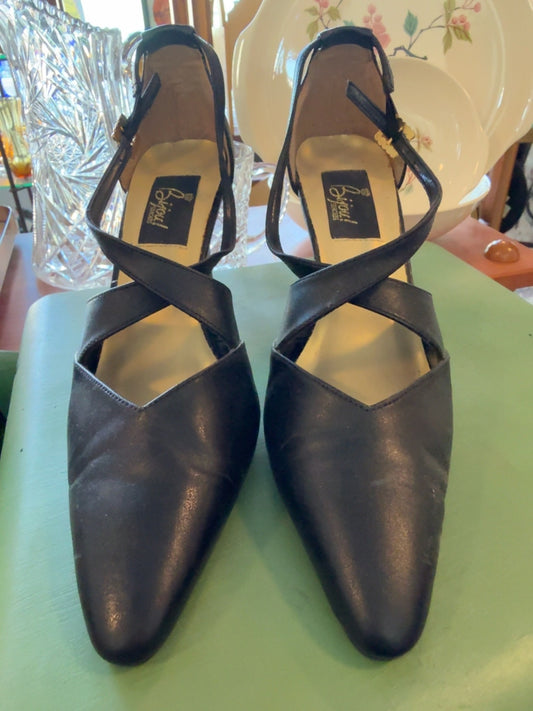 Vintage Bijoul Paris Black Satin Pointed-Toe Heels | Rhinestone Buckle Evening Pumps