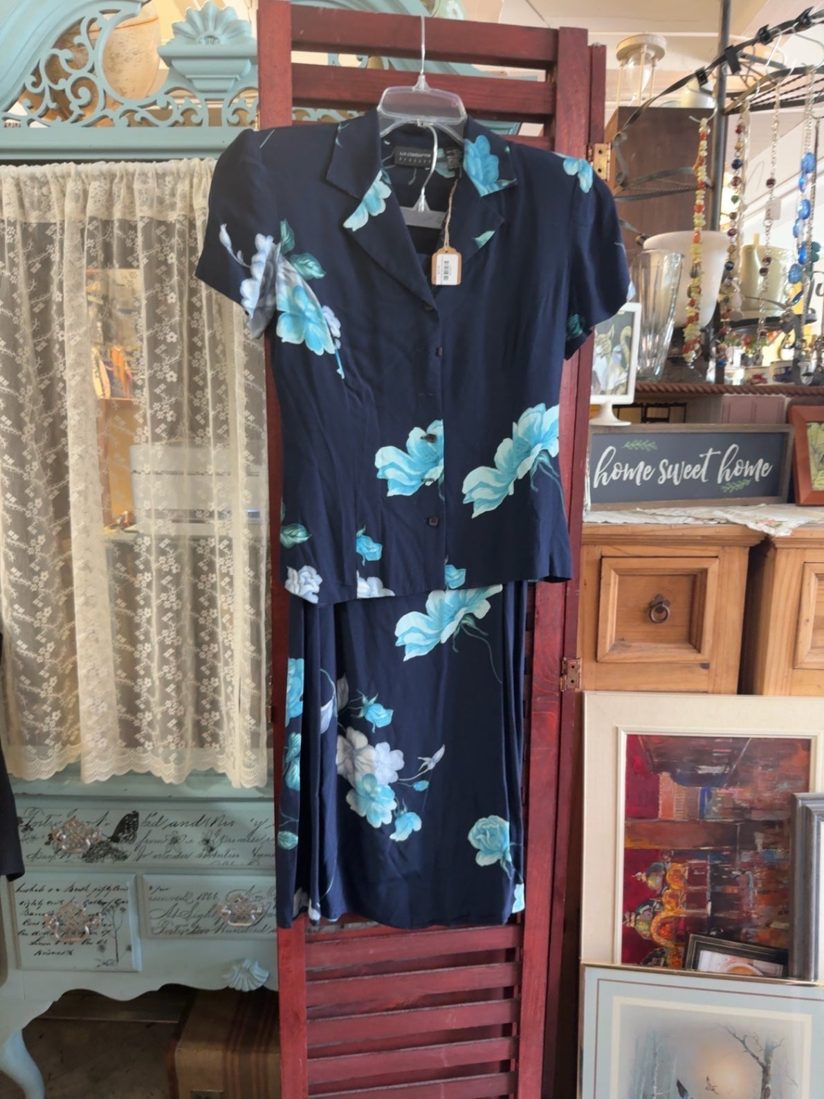 Liz Claiborne Navy Blue with Aqua and White Floral Polyester Dress Very Good