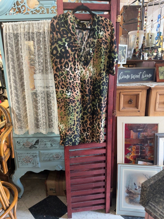 Women's Leopard Print Shift Dress with Draped Scarf Collar | One Size/Boutique Style