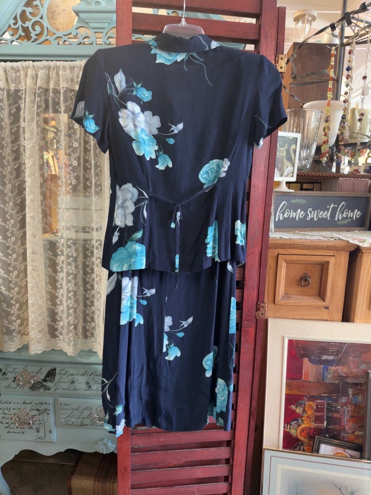 Liz Claiborne Navy Blue with Aqua and White Floral Polyester Dress Very Good