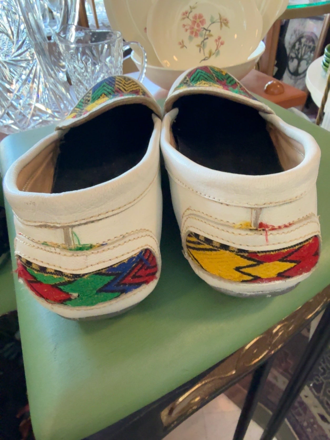 Handcrafted White Leather Loafers with Colorful Woven Textile | Women’s Artisan Slip-On Flats
