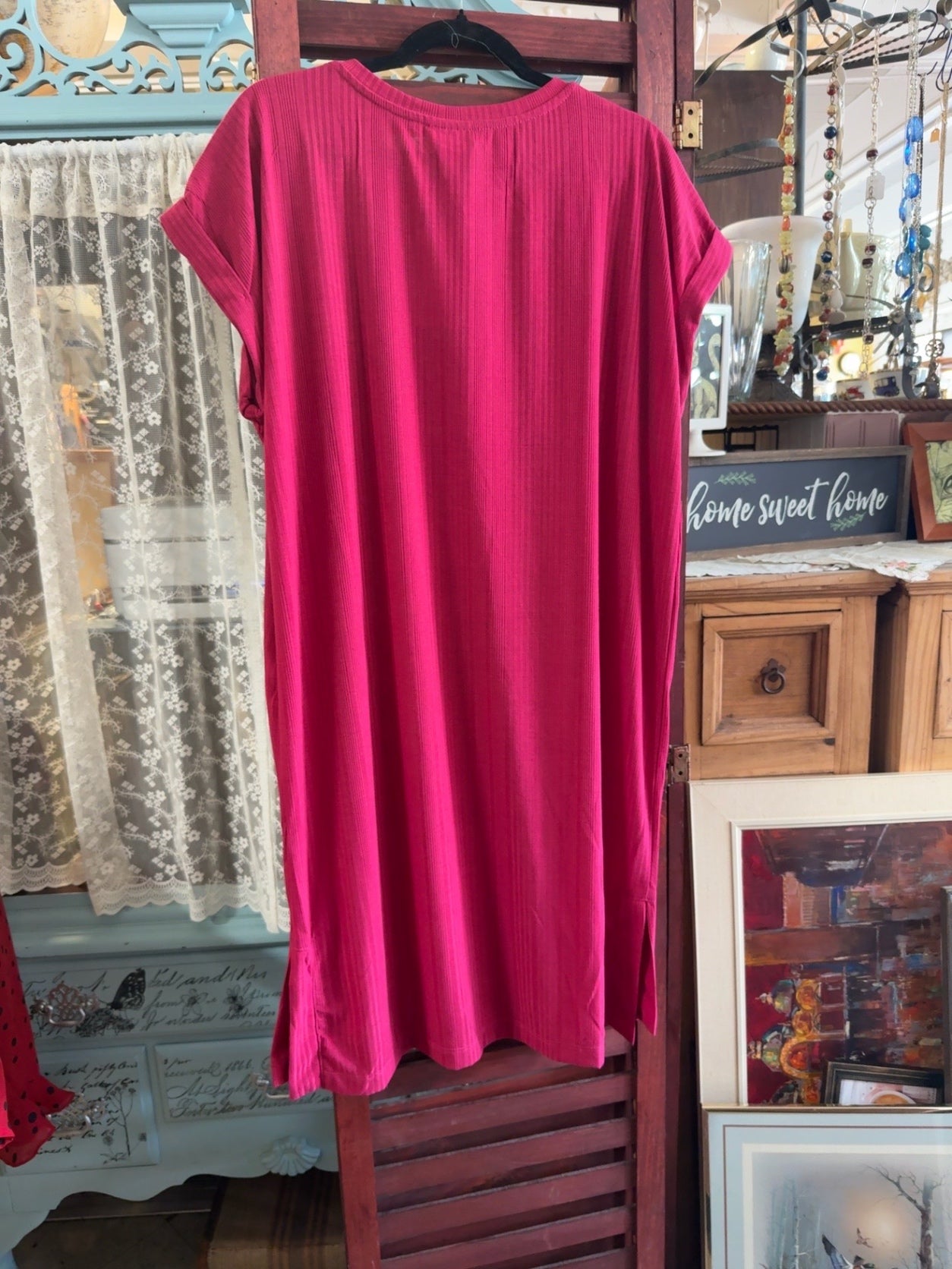 LuLaRoe Ribbed T-Shirt Dress Raspberry Pink Size Large Casual Midi Dress