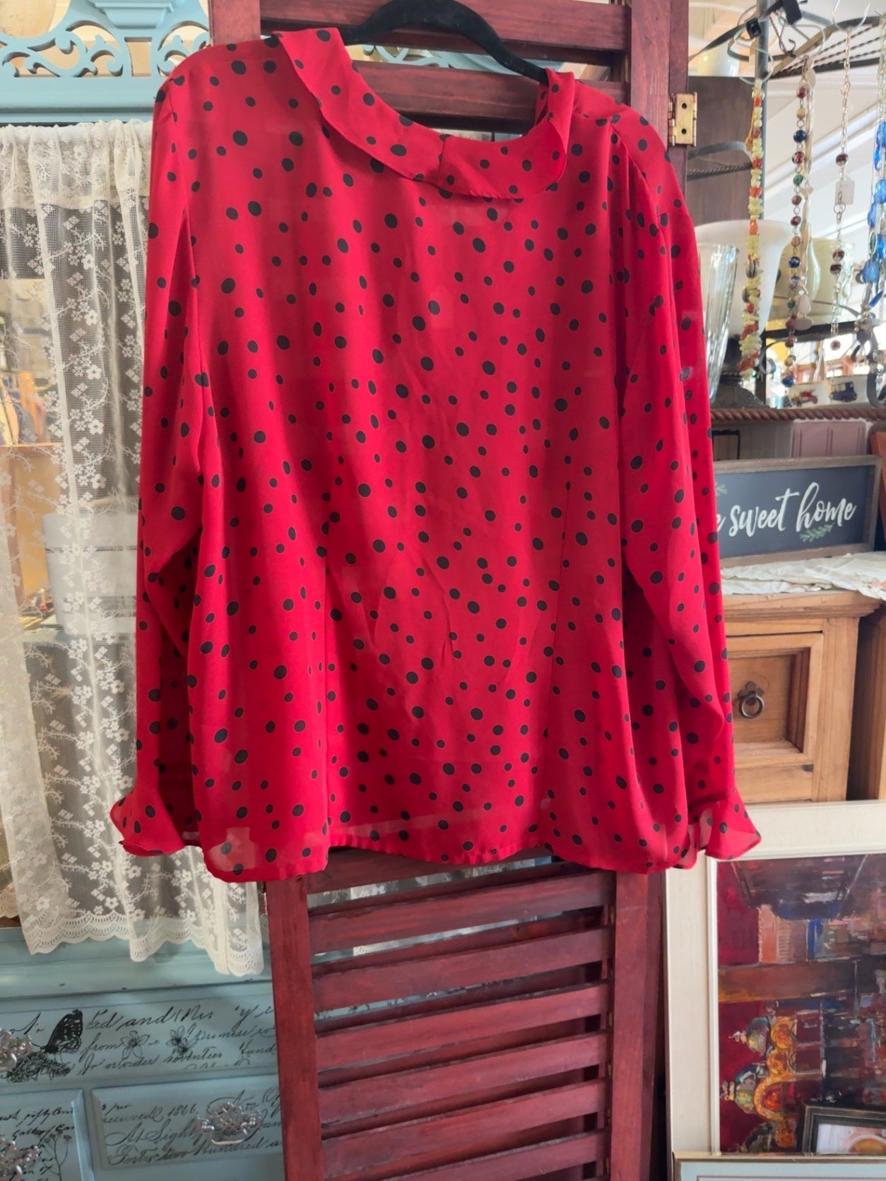 Vintage First Issue by Liz Claiborne Red & Black Polka Dot Ruffle Blouse Size 7