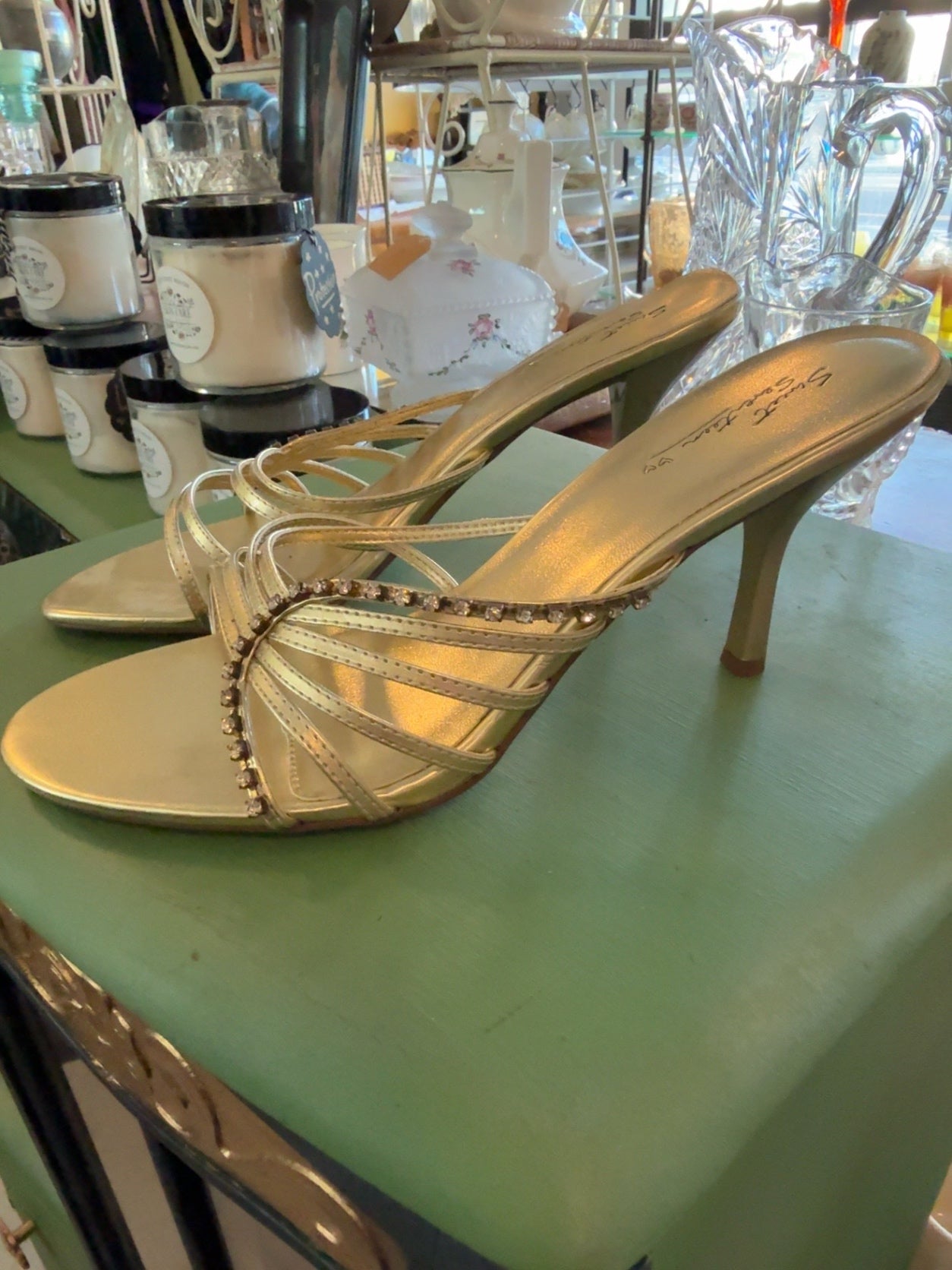 Sweet Santina Champagne Gold Rhinestone Slide Heels | Elegant Evening Sandals | Women’s Size 8