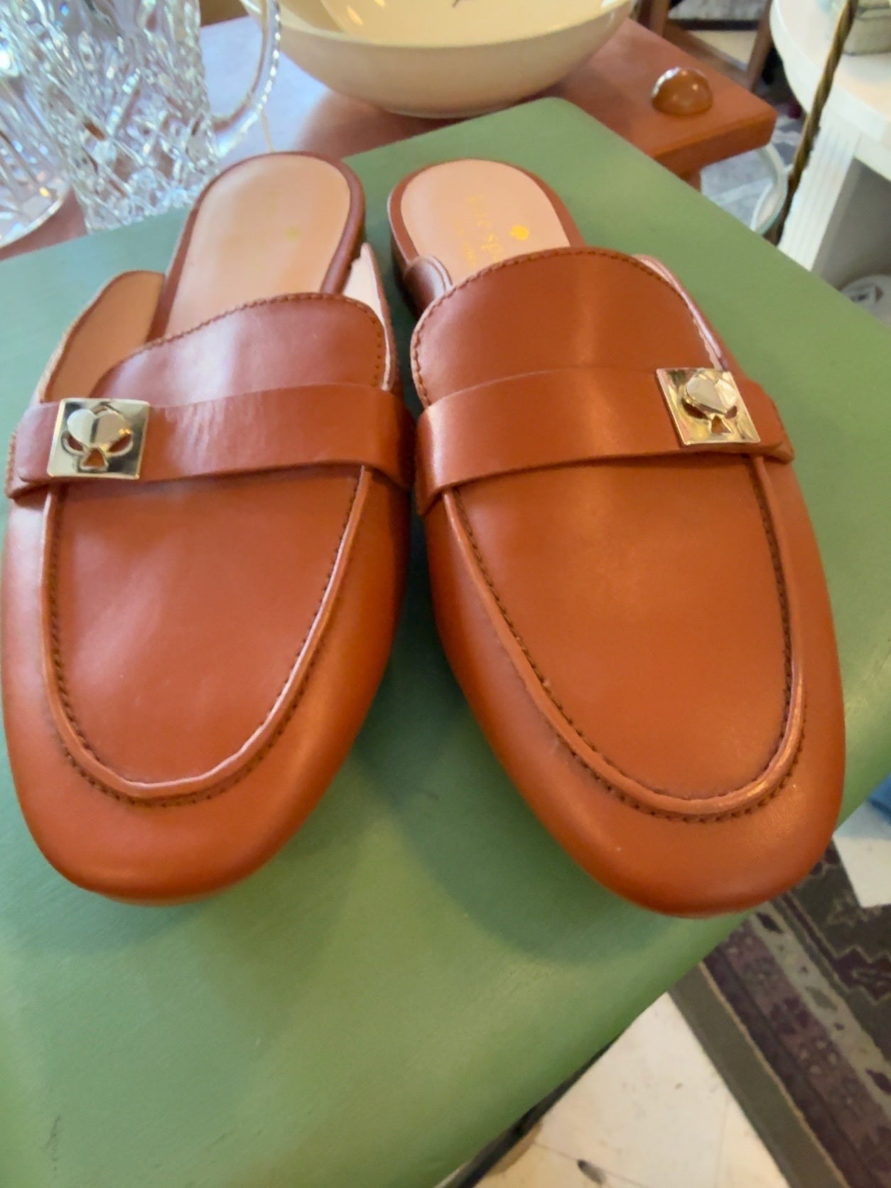 Kate Spade New York Cognac Leather Mule Loafers | Gold Spade Hardware | Women’s Size 9B