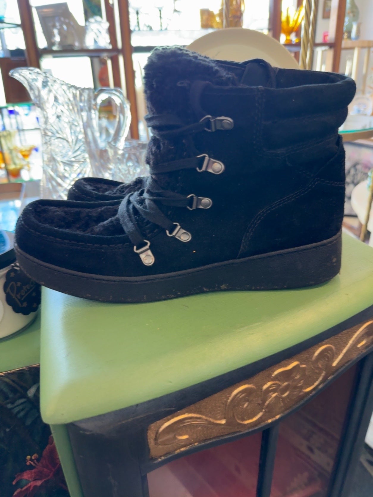 Splendid Black Faux Shearling Lace-Up Winter Boots | Cozy Suede Ankle Boots | Women’s