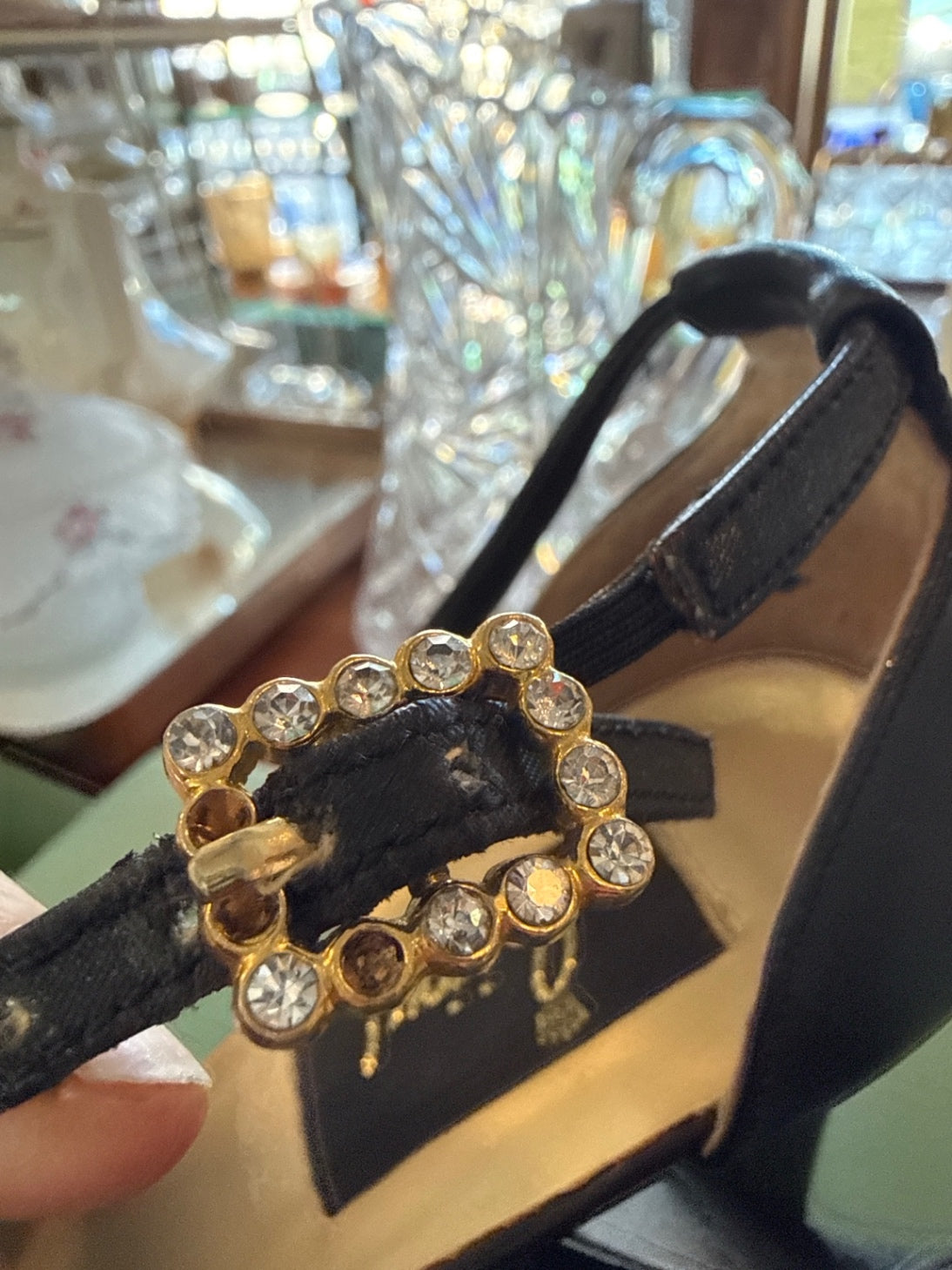 Vintage Bijoul Paris Black Satin Pointed-Toe Heels | Rhinestone Buckle Evening Pumps