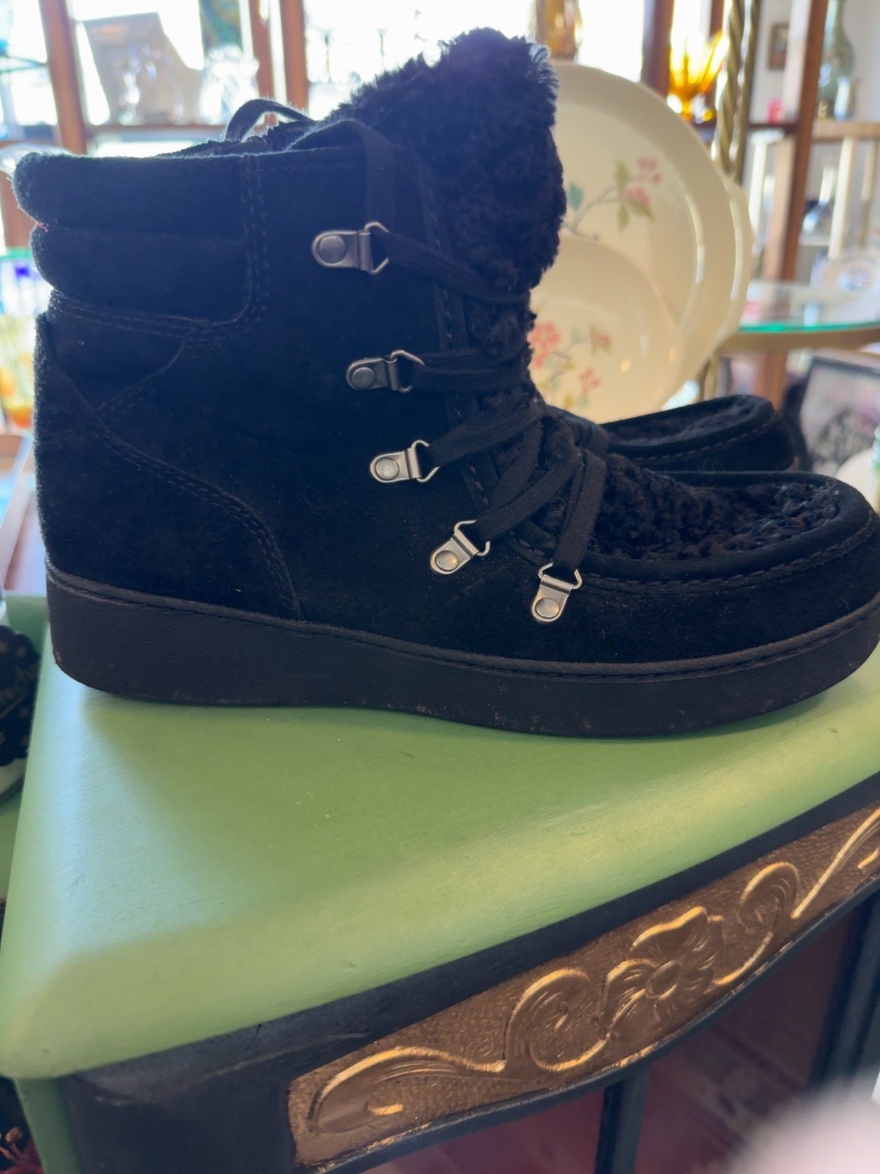Splendid Black Faux Shearling Lace-Up Winter Boots | Cozy Suede Ankle Boots | Women’s