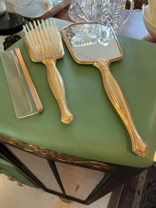 Vintage Gold Tone Vanity Set | Hand Mirror, Hair Brush & Comb | Hollywood Regency Style