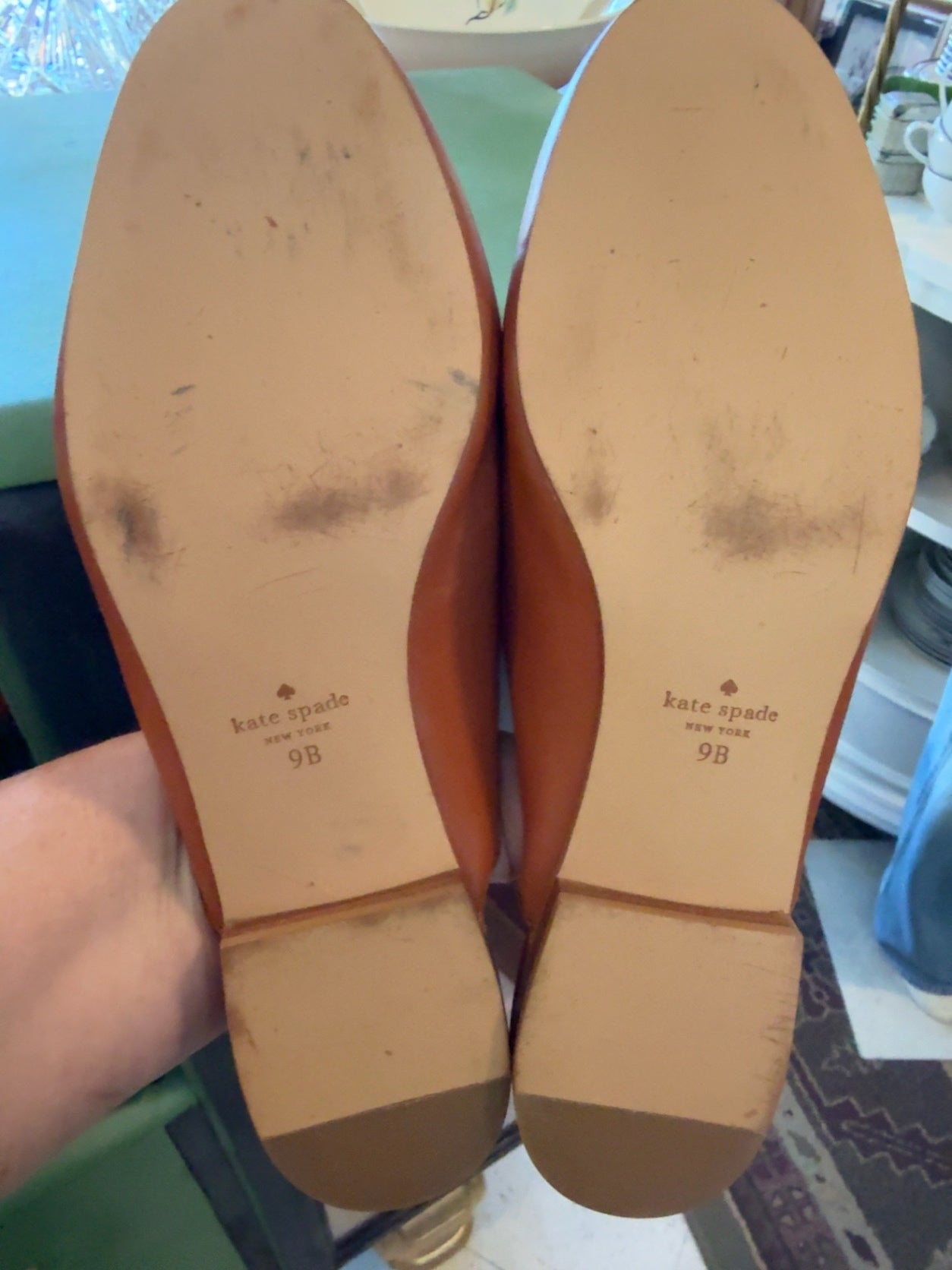 Kate Spade New York Cognac Leather Mule Loafers | Gold Spade Hardware | Women’s Size 9B