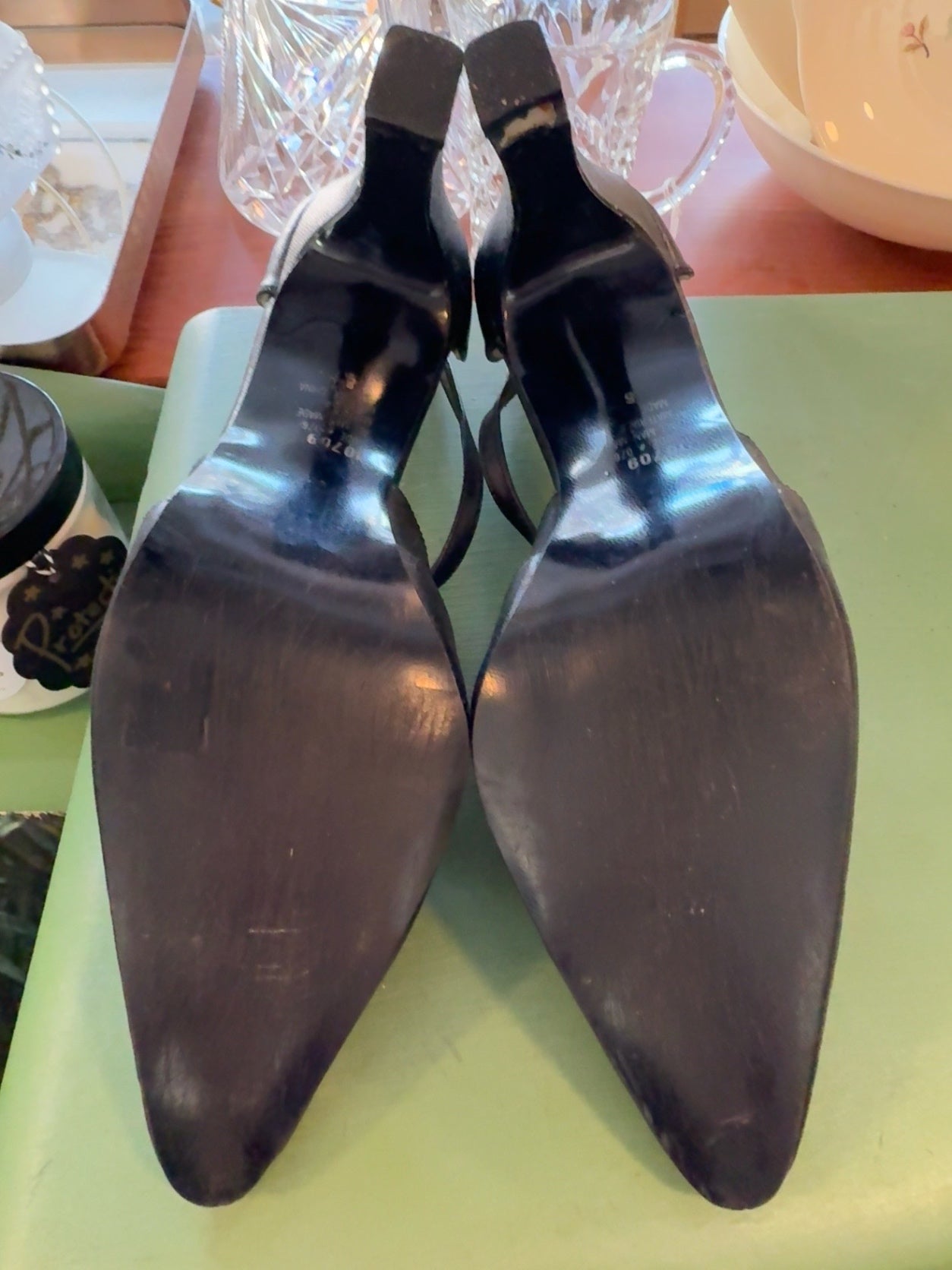 Vintage Bijoul Paris Black Satin Pointed-Toe Heels | Rhinestone Buckle Evening Pumps