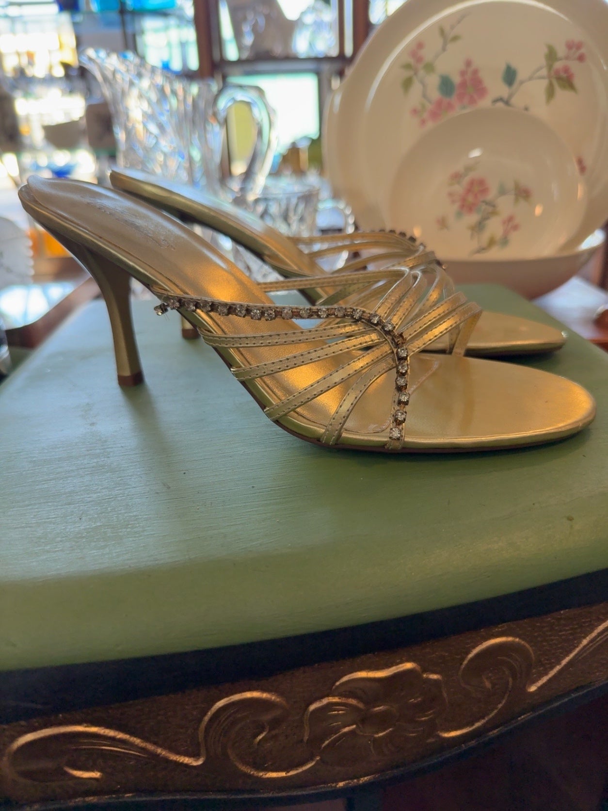 Sweet Santina Champagne Gold Rhinestone Slide Heels | Elegant Evening Sandals | Women’s Size 8
