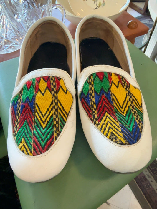 Handcrafted White Leather Loafers with Colorful Woven Textile | Women’s Artisan Slip-On Flats