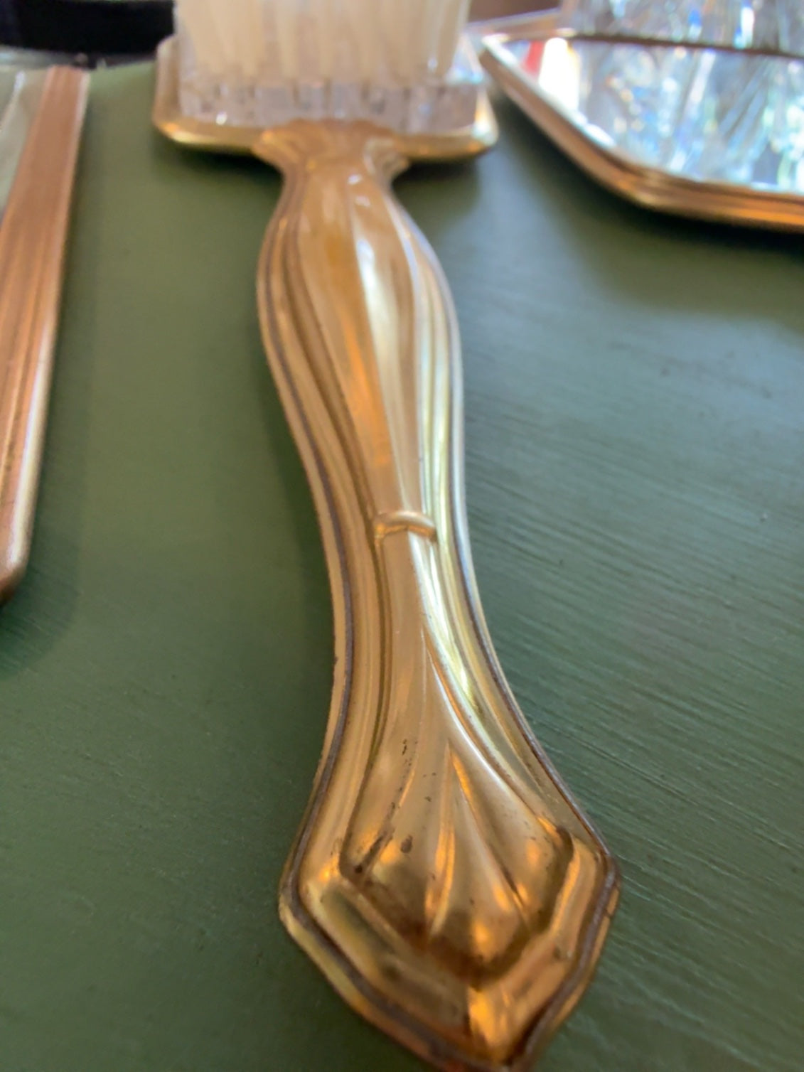 Vintage Gold Tone Vanity Set | Hand Mirror, Hair Brush & Comb | Hollywood Regency Style