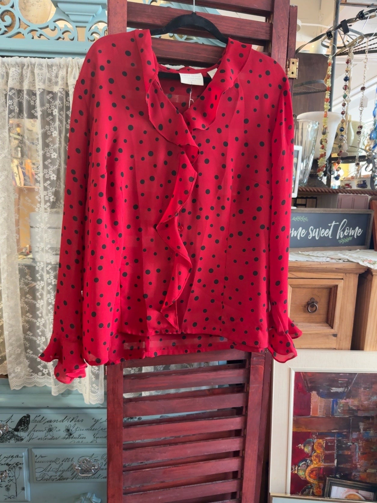 Vintage First Issue by Liz Claiborne Red & Black Polka Dot Ruffle Blouse Size 7
