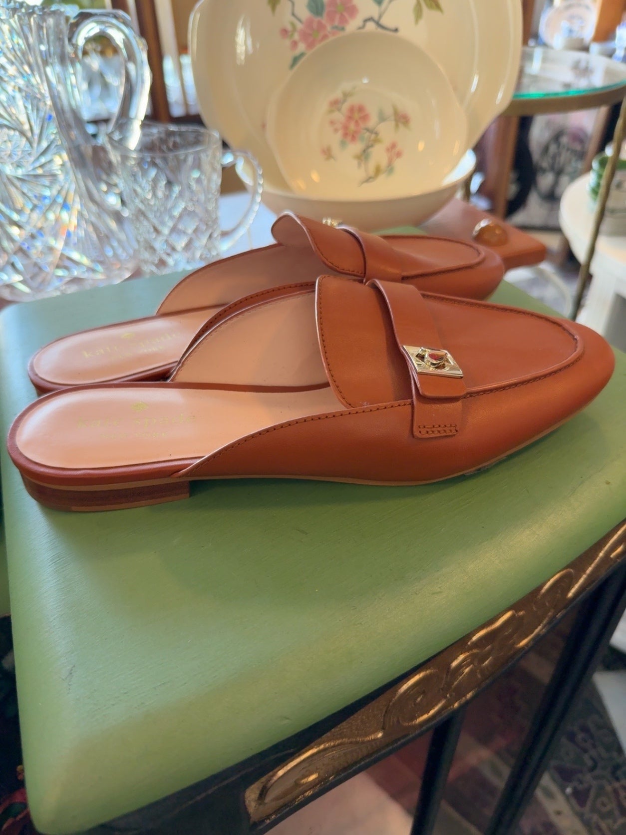 Kate Spade New York Cognac Leather Mule Loafers | Gold Spade Hardware | Women’s Size 9B