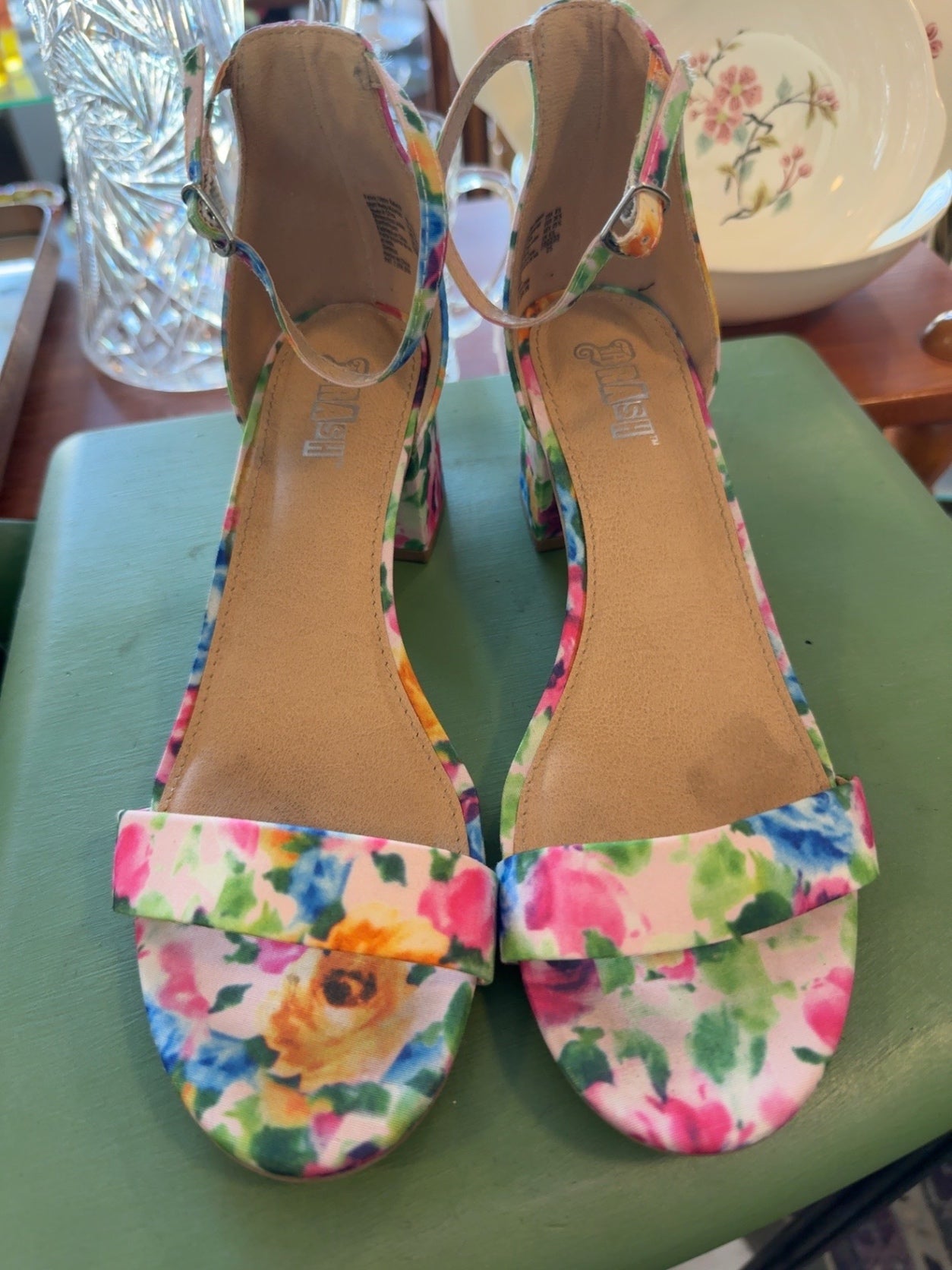 Splash Floral Block Heel Sandals | Watercolor Ankle Strap Heels | Women’s Size 8.5
