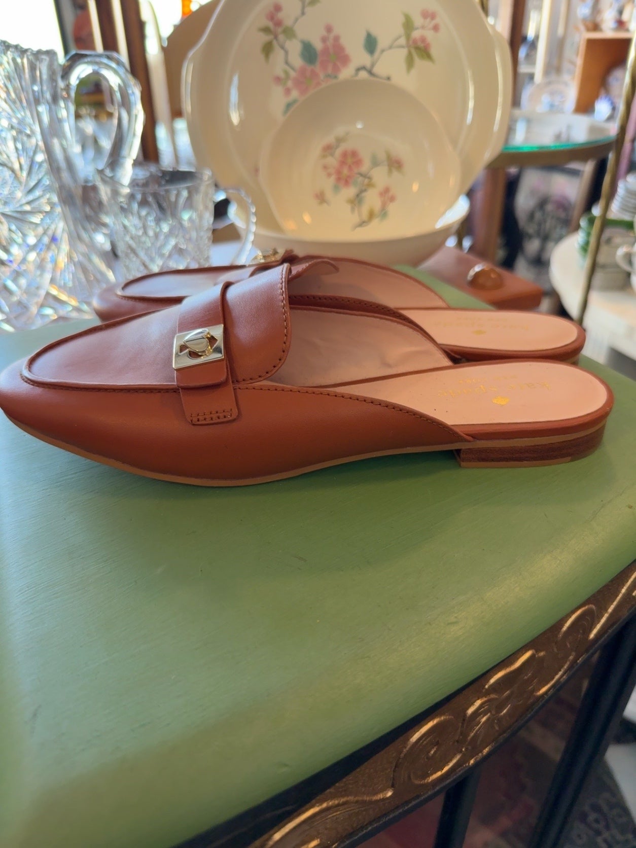 Kate Spade New York Cognac Leather Mule Loafers | Gold Spade Hardware | Women’s Size 9B