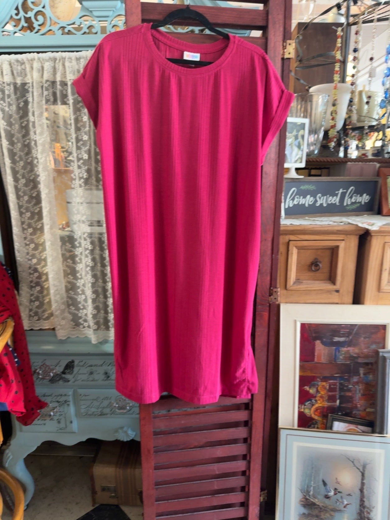 LuLaRoe Ribbed T-Shirt Dress Raspberry Pink Size Large Casual Midi Dress