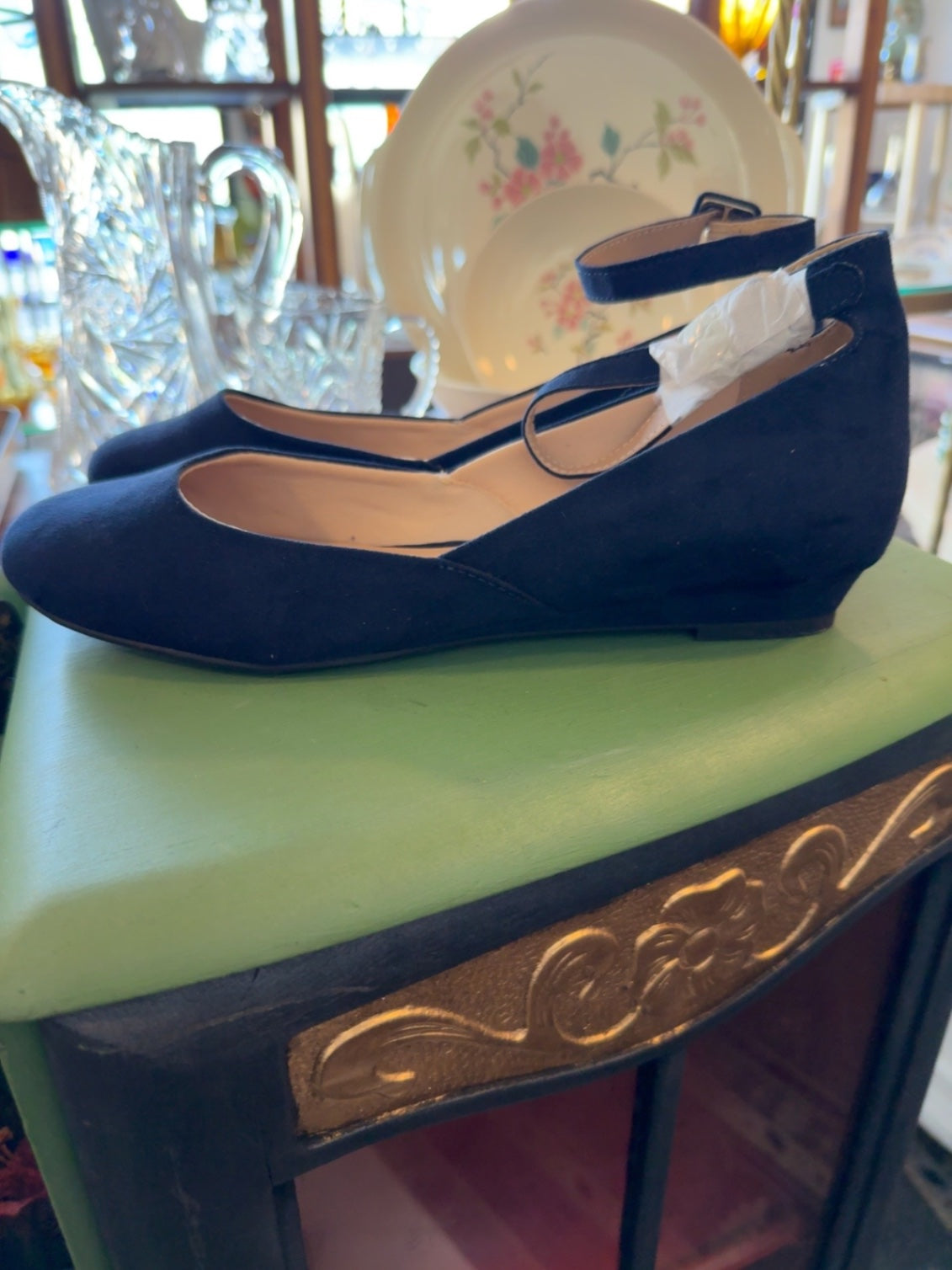 Pierre Dumas Black Microsuede Ankle Strap Wedge Flats | Women’s Size 10