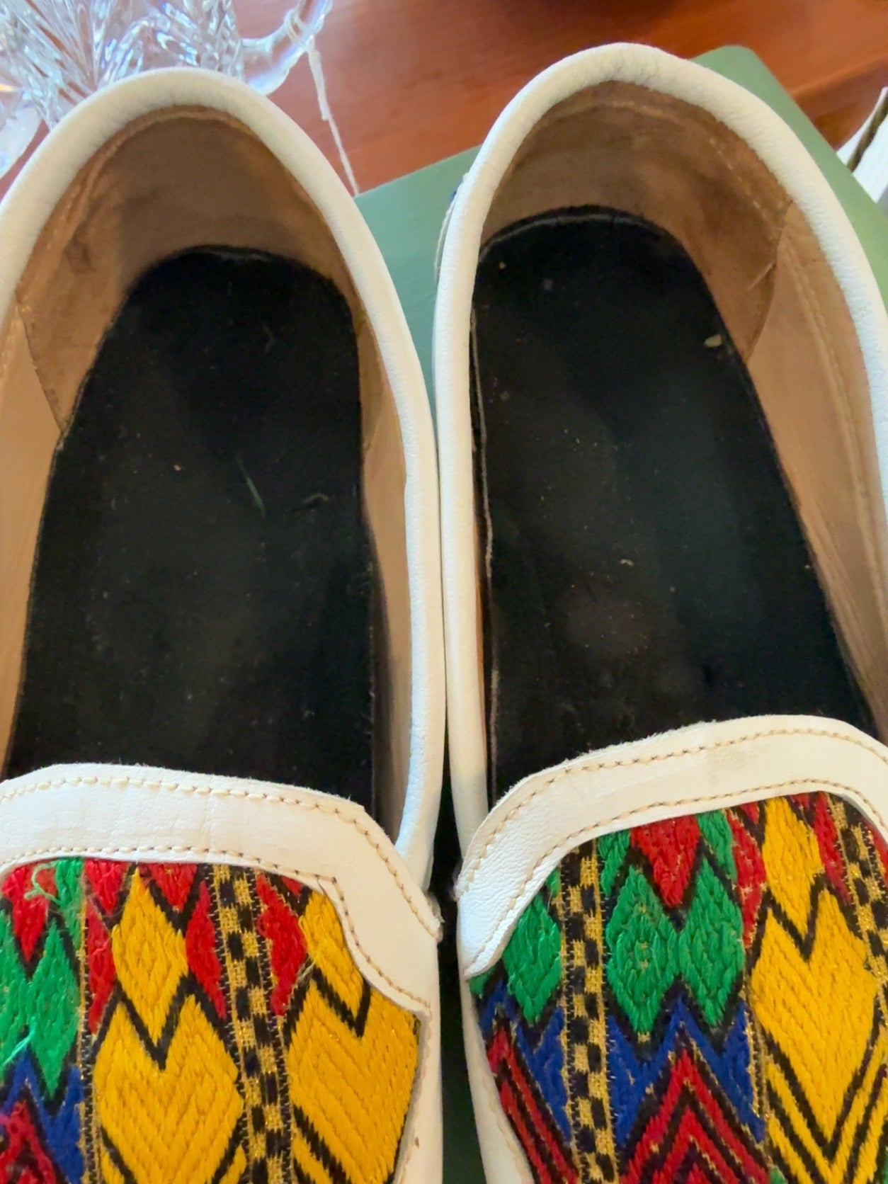 Handcrafted White Leather Loafers with Colorful Woven Textile | Women’s Artisan Slip-On Flats