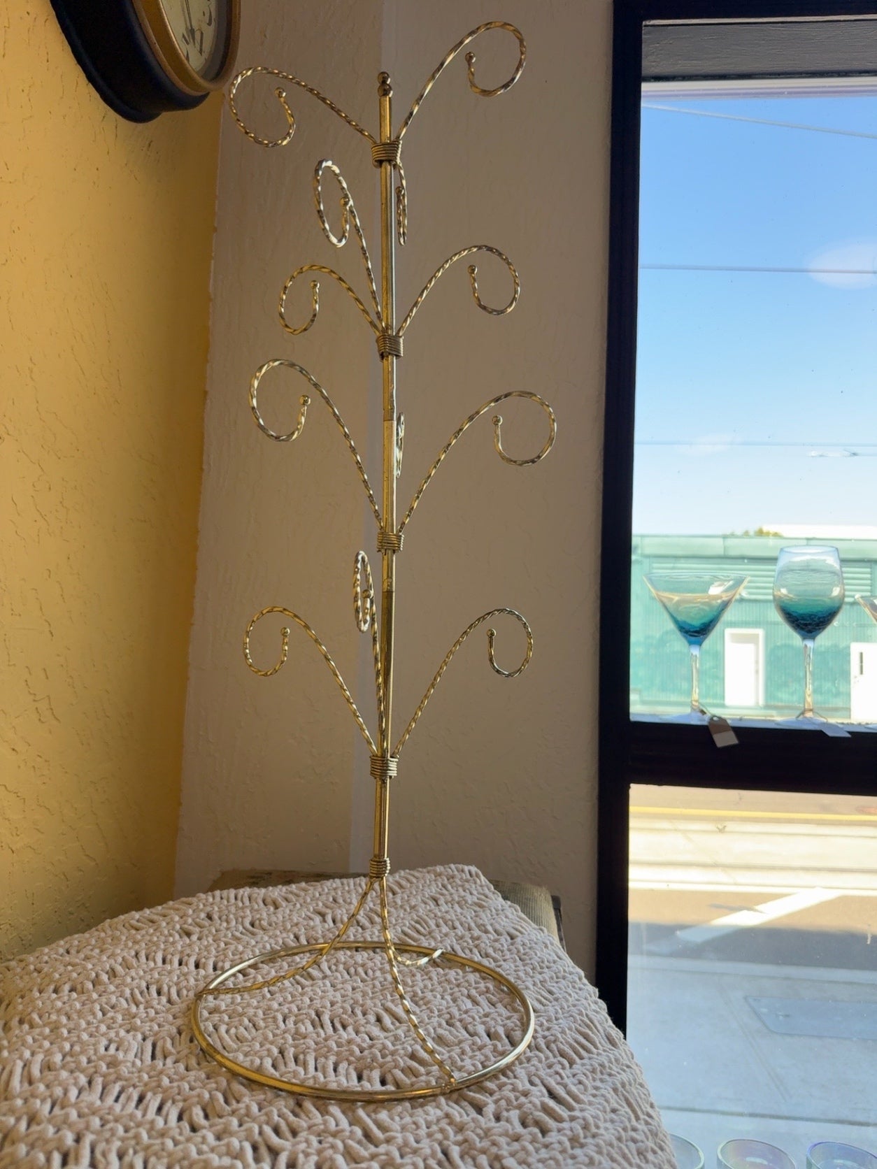 Vintage Gold Tone Jewelry Tree Display Stand | Scroll Metal Necklace & Bracelet Organizer