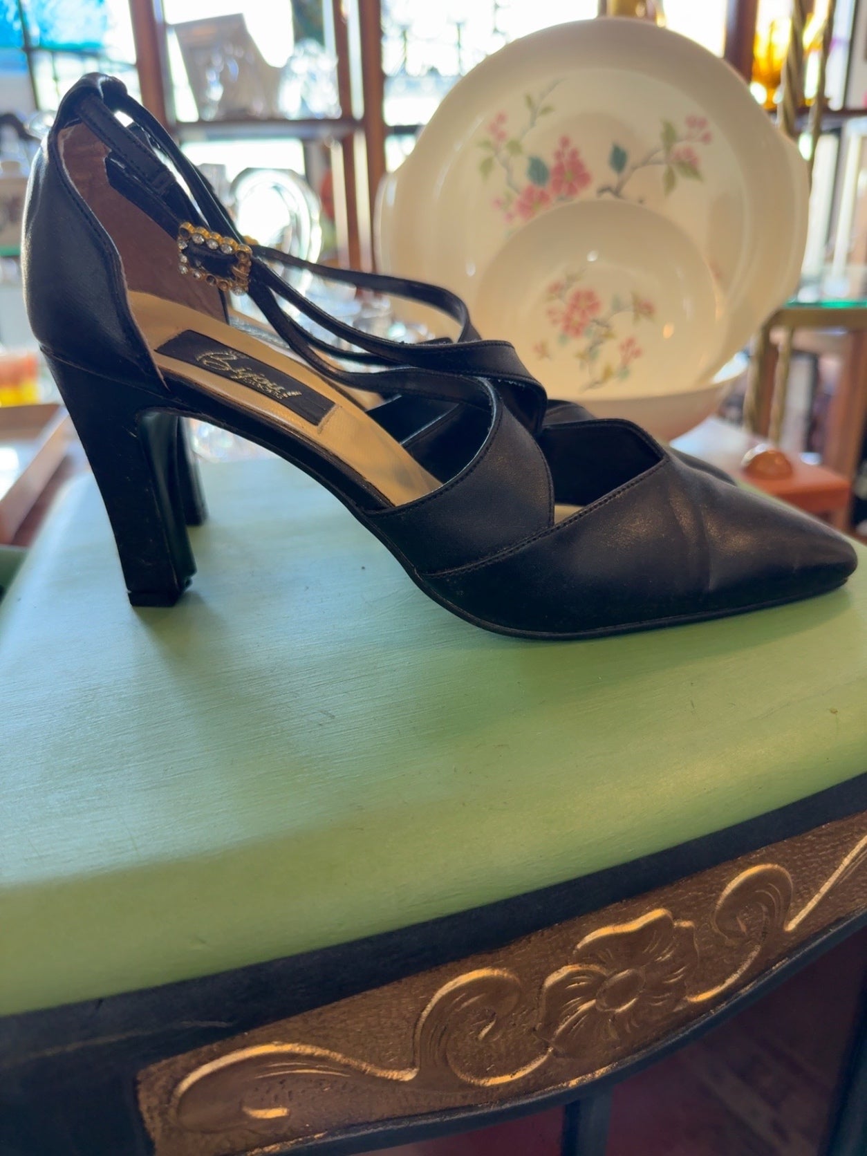 Vintage Bijoul Paris Black Satin Pointed-Toe Heels | Rhinestone Buckle Evening Pumps