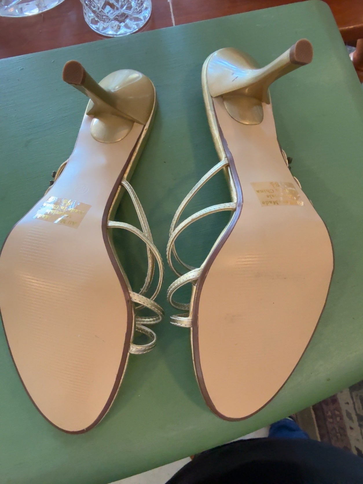 Sweet Santina Champagne Gold Rhinestone Slide Heels | Elegant Evening Sandals | Women’s Size 8