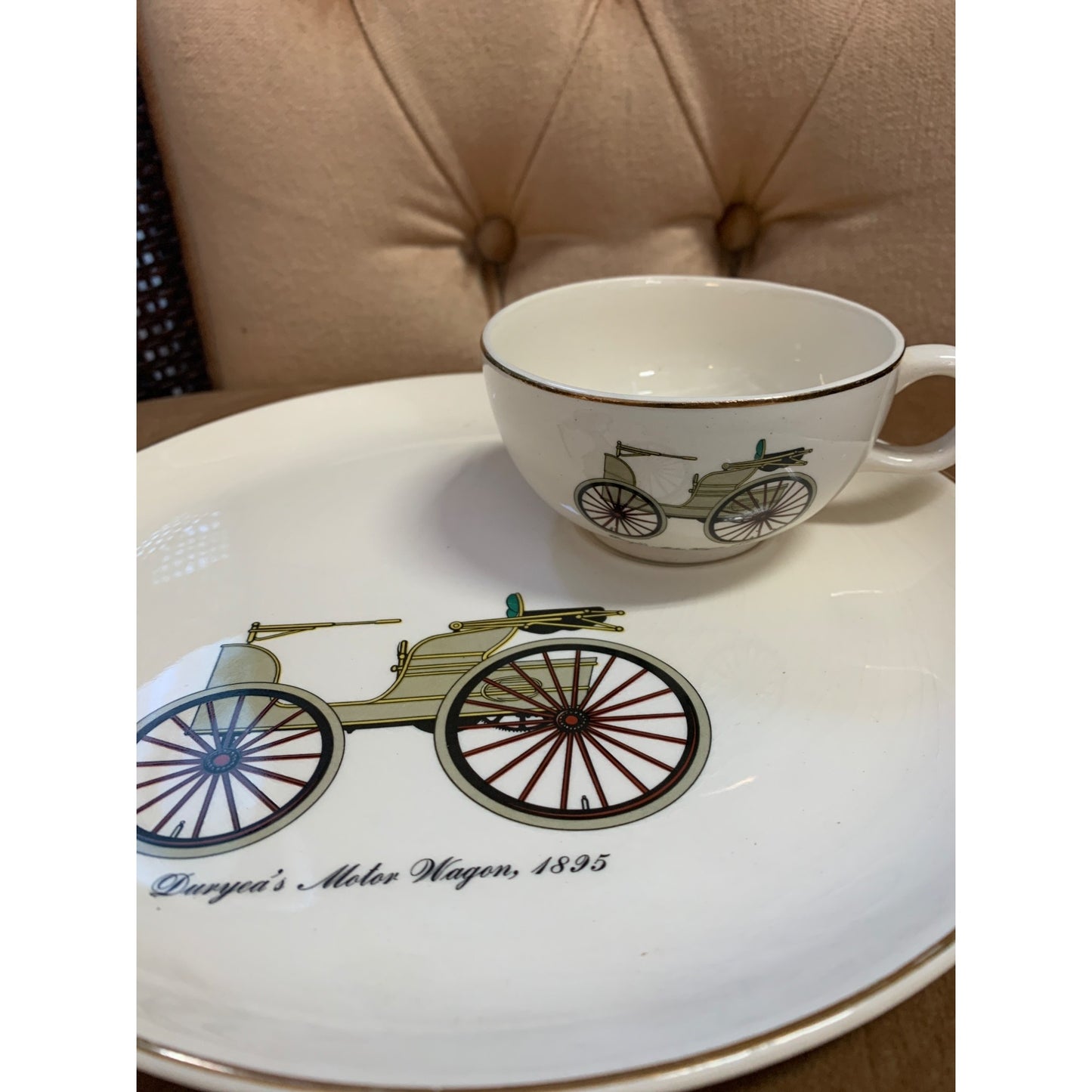 1895-1903 Gold Trim Porcelain Lunch Set of 4 Antique Automobiles