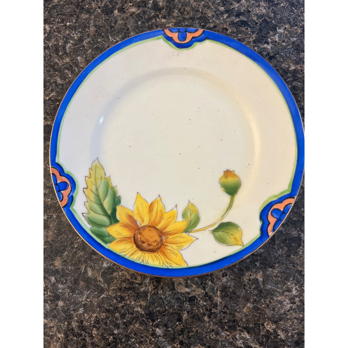 Hand Painted 6-1/2” Plate with Blue and Gold Trim and Sunflowers