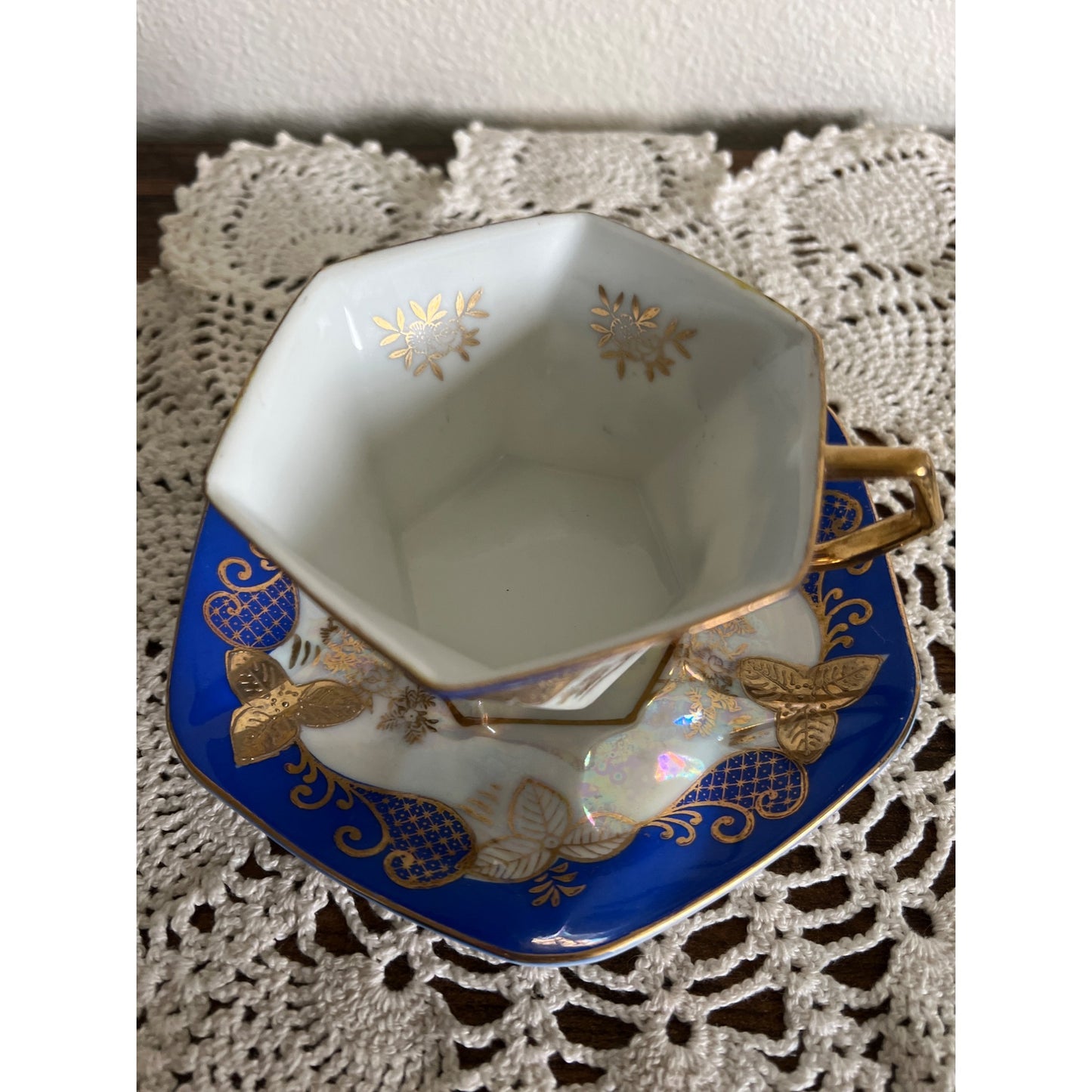 Unmarked Iridescent and Gold Porcelain Teacup & Saucer