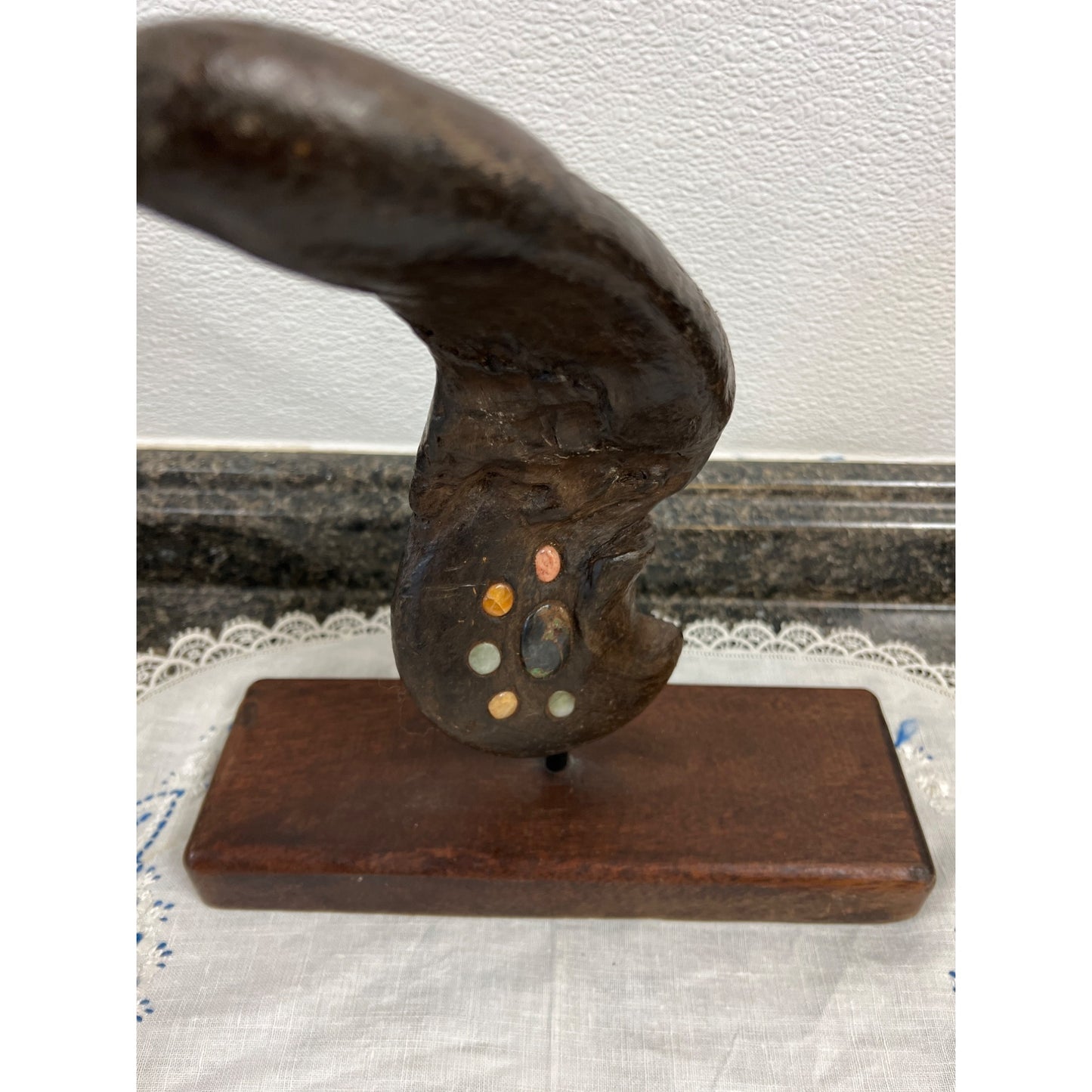 Vintage Driftwood Sculpure on Wooned Base and Stone Inlay