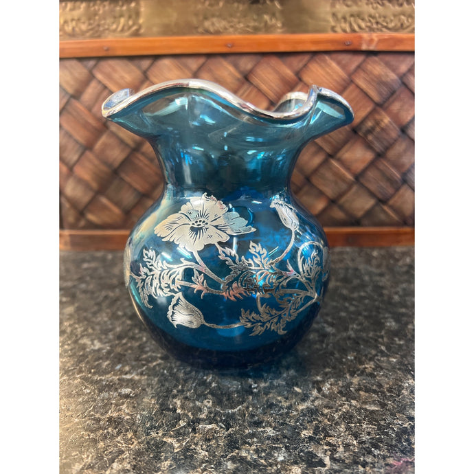 Vintage Floral Silver Overlay Blue Art Glass Squat Vase