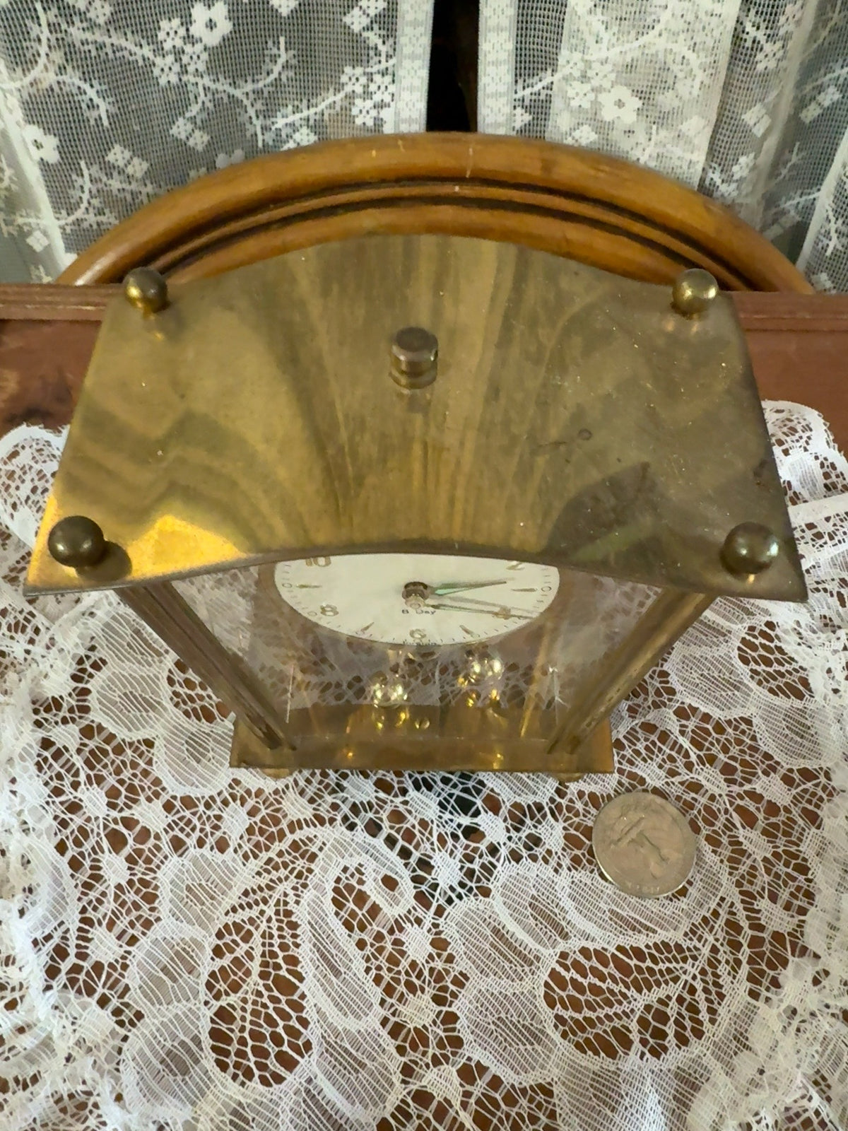 Vintage 8-Day Brass Anniversary Clock with Glass Panels and Rotating Pendulum