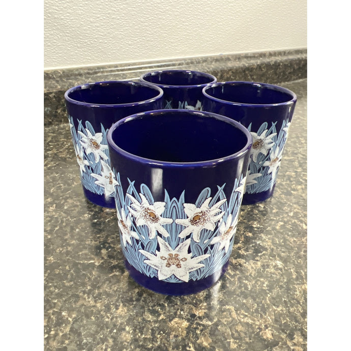 Bockling Coffee Mug Cobalt Blue Gold Trim Flowers Cups 10 oz Ceramic set of Four