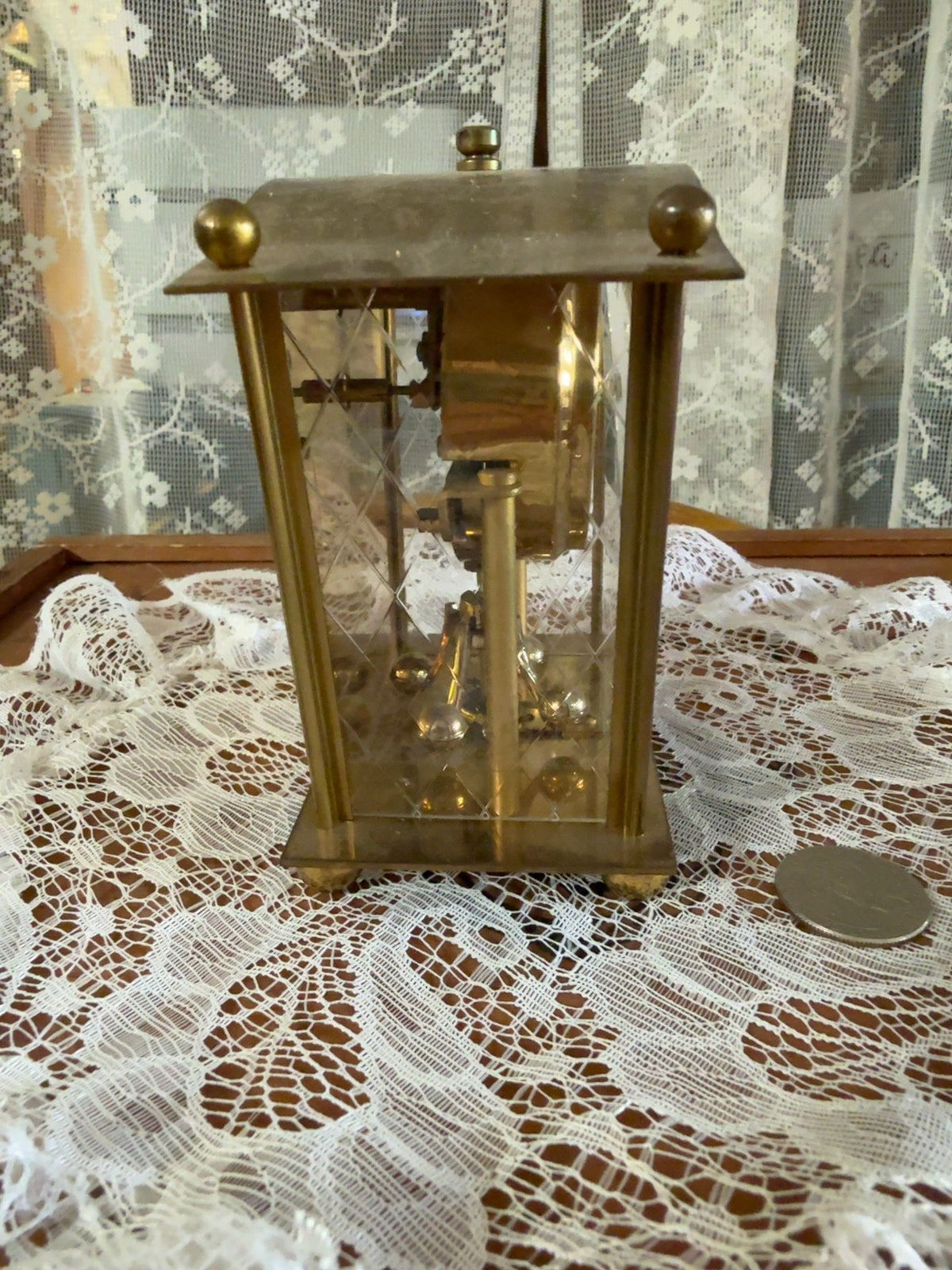 Vintage 8-Day Brass Anniversary Clock with Glass Panels and Rotating Pendulum