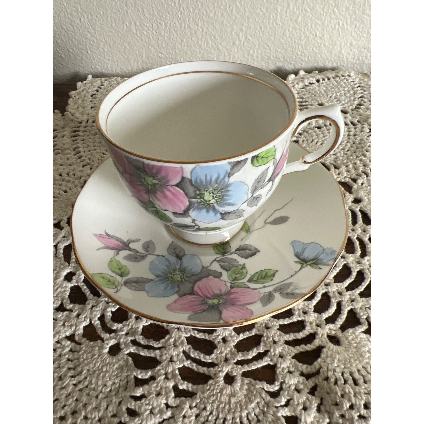 Wild Rose Salisbury Fine Bone China With Blue and Pink Flowers Made in England Teacup & Saucer