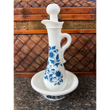 Load image into Gallery viewer, 1970’s Avon White Milk Glass and Blue Flowers Cruet With Dish
